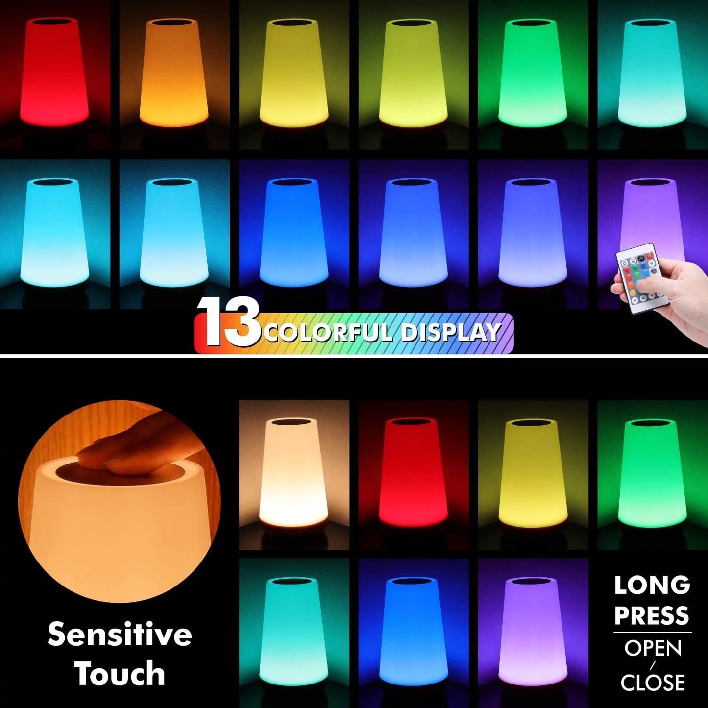 UWANTME Night Light, Dimmable Touch Lamp for Bedroom, Portable Table Bedside Desk Lamps, 5 Brightness and 13 RGB Colors, Suitable for Bedroom/Baby Nursery/Bathroom/Hallways/Living Room