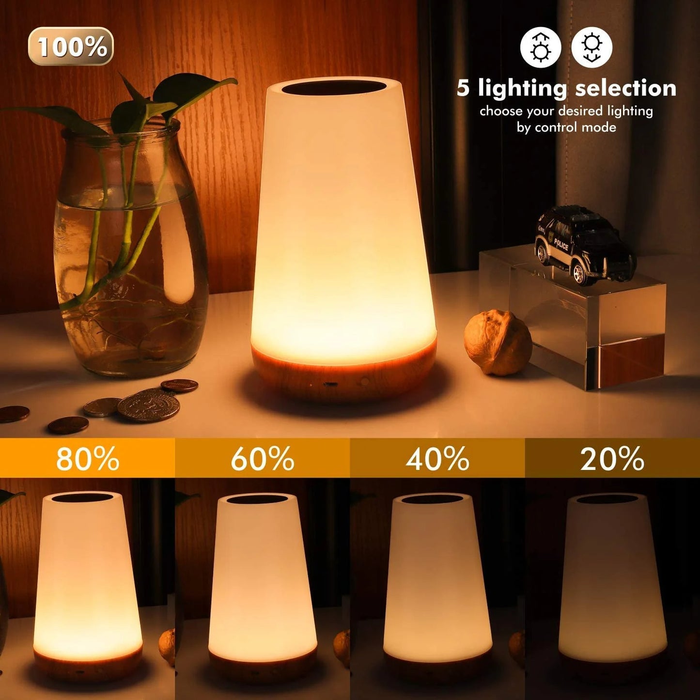 UWANTME Night Light, Dimmable Touch Lamp for Bedroom, Portable Table Bedside Desk Lamps, 5 Brightness and 13 RGB Colors, Suitable for Bedroom/Baby Nursery/Bathroom/Hallways/Living Room