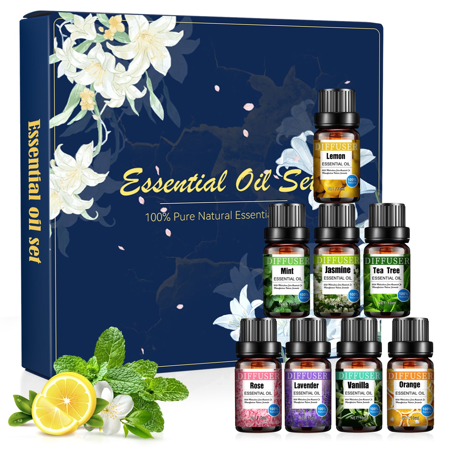 Noahstrong 8x10ml Essential Oil Set, Essential Oils for Diffusers for Home, Aromatherapy Oils Gift Set-Tea Tree, Mint, Jasmine, Vanilla, Lemon, Rose, Orange and Lavender Essential Oils for Women Men