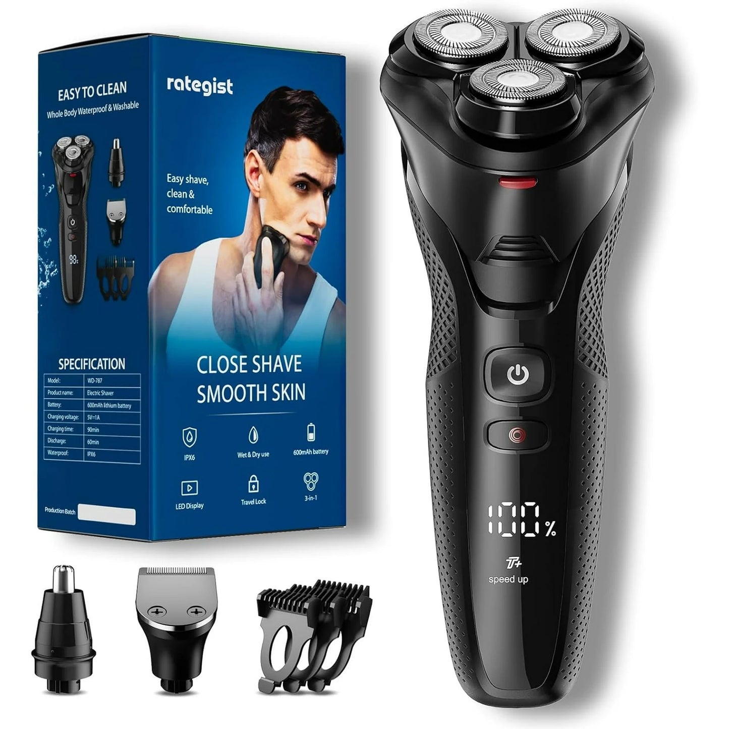 Nogroa Electric Shavers for Men, 3 in 1 Cordless Razor Waterproof Wet Dry Adjustable Speeds Beard Trimmer Grooming Kit with Nose Hair Trimmer, Sideburns Trimmer