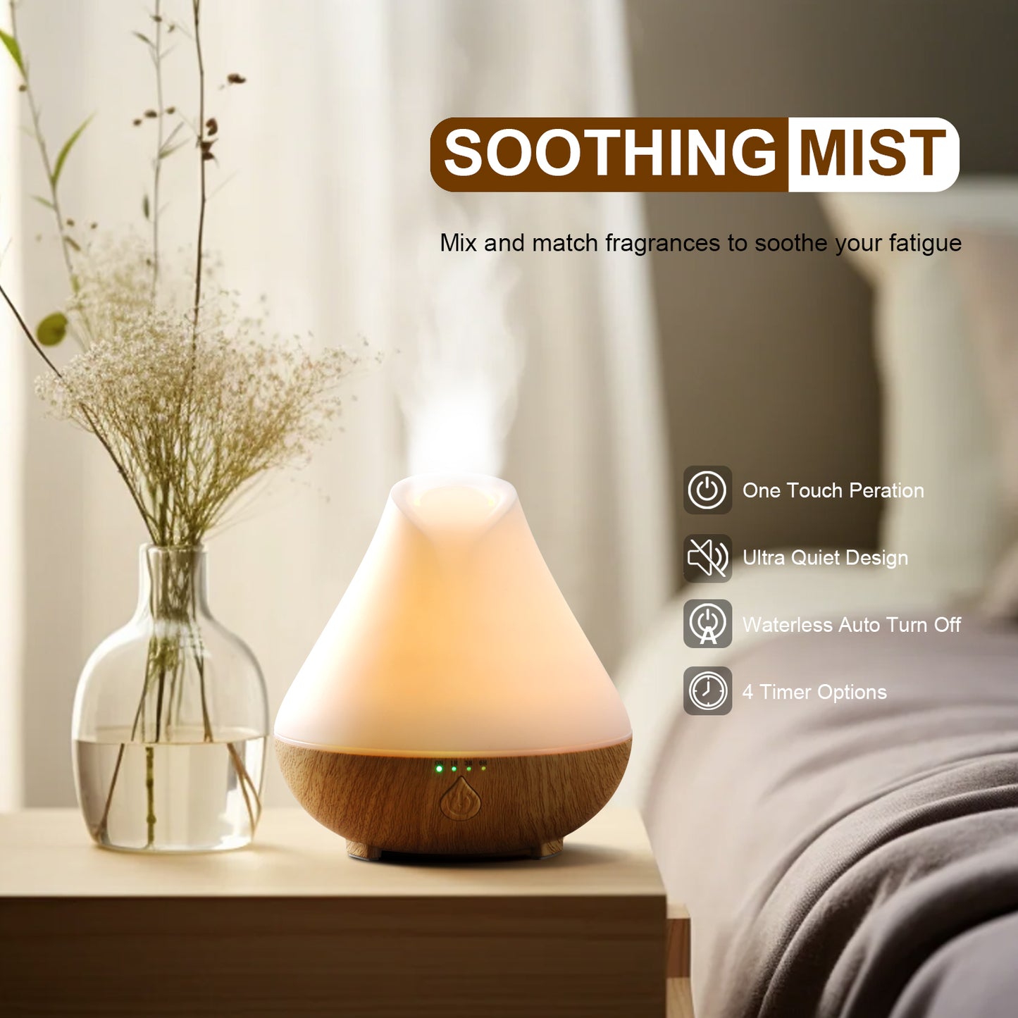 Noahstrong 100ml Essential Oil Diffuser, Woodgrain Aromatherapy Diffuser Humidifier, Waterless Auto Shut-off for Large Room Bedroom Home Office