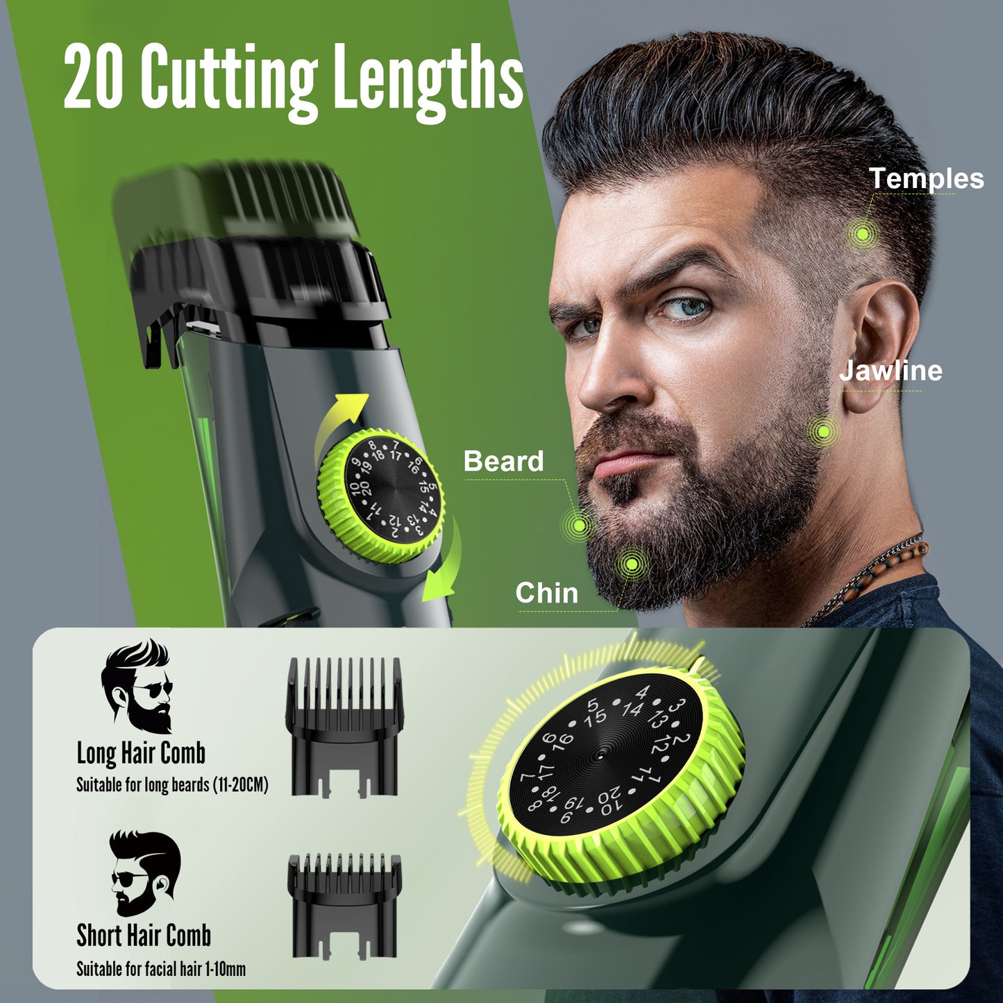 Nogroa Vacuum Beard Trimmer for Men, Cordless Electric Shaver with 20 Trim Setting, Built-in Vacuum Cleaner for Mustache, Sideburns, Facial Hair, Rechargeable, IPX6 Waterproof, with 2 Comb
