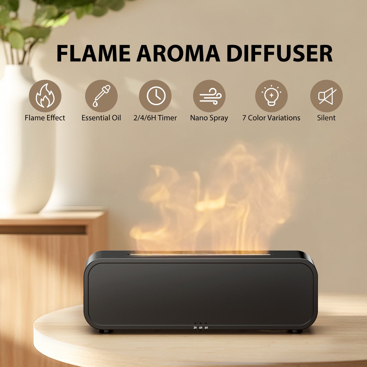 Noahstrong Flame Diffuser Humidifier, 250ml Essential Oil Diffusers for Large Rooms, Dynamic Fire Flame Sound Pickup, Cool Mist Oil Diffuser for Home with 7 Color Lights, Remote Control, Black