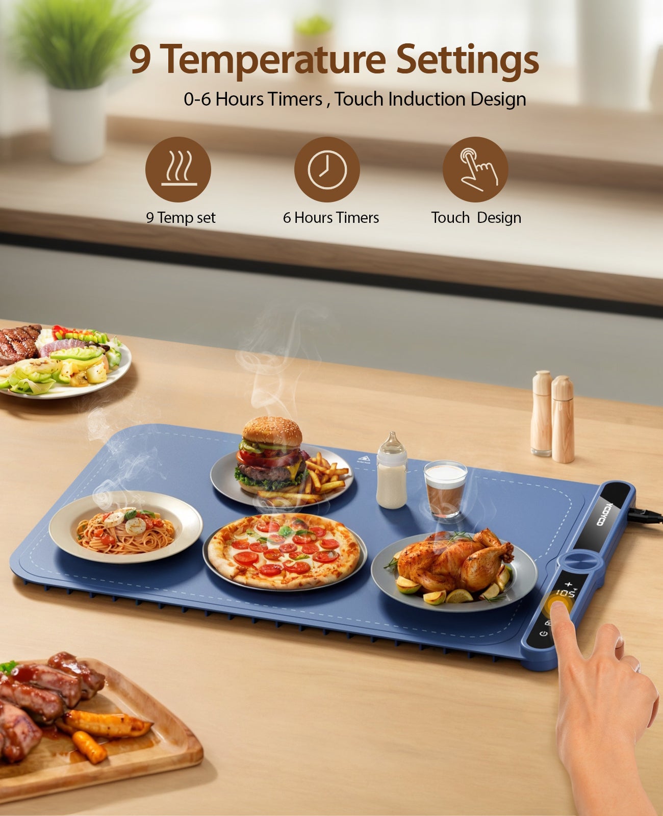 Electric Warming Tray, Nano Silicone Food Warming Mat with 9 Temperature Settings, LED Display, Timer Settings & Child Lock, Portable Foldable Food Warmer Quick Heating Pad for Parties, Gatherings