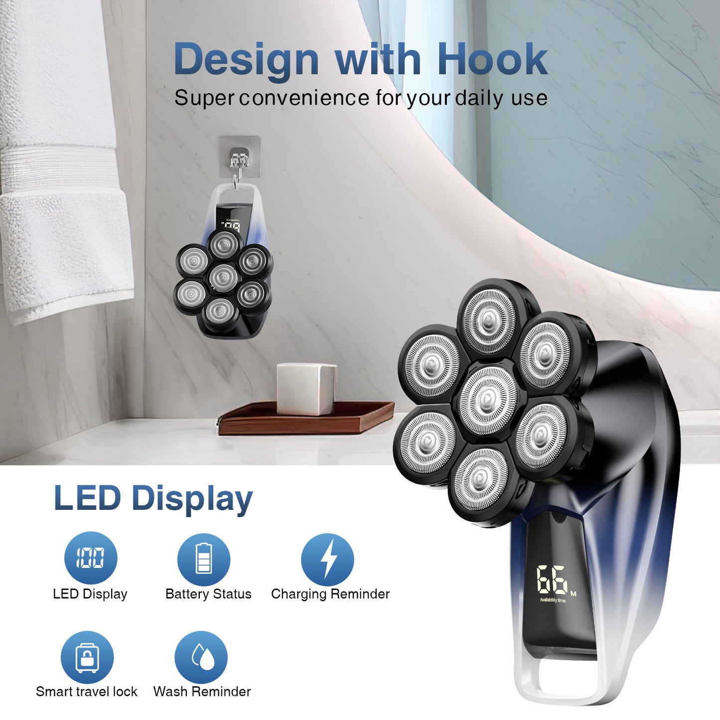 Nogroa 7D Head Shavers for Bald Men, Upgraded 6-in-1 Cordless Mens Head Electric Razor Grooming Kit with Beard Clippers Nose Trimmer, LED Display, Waterproof, Wet/Dry, Rechargeable, with Hanging Loop