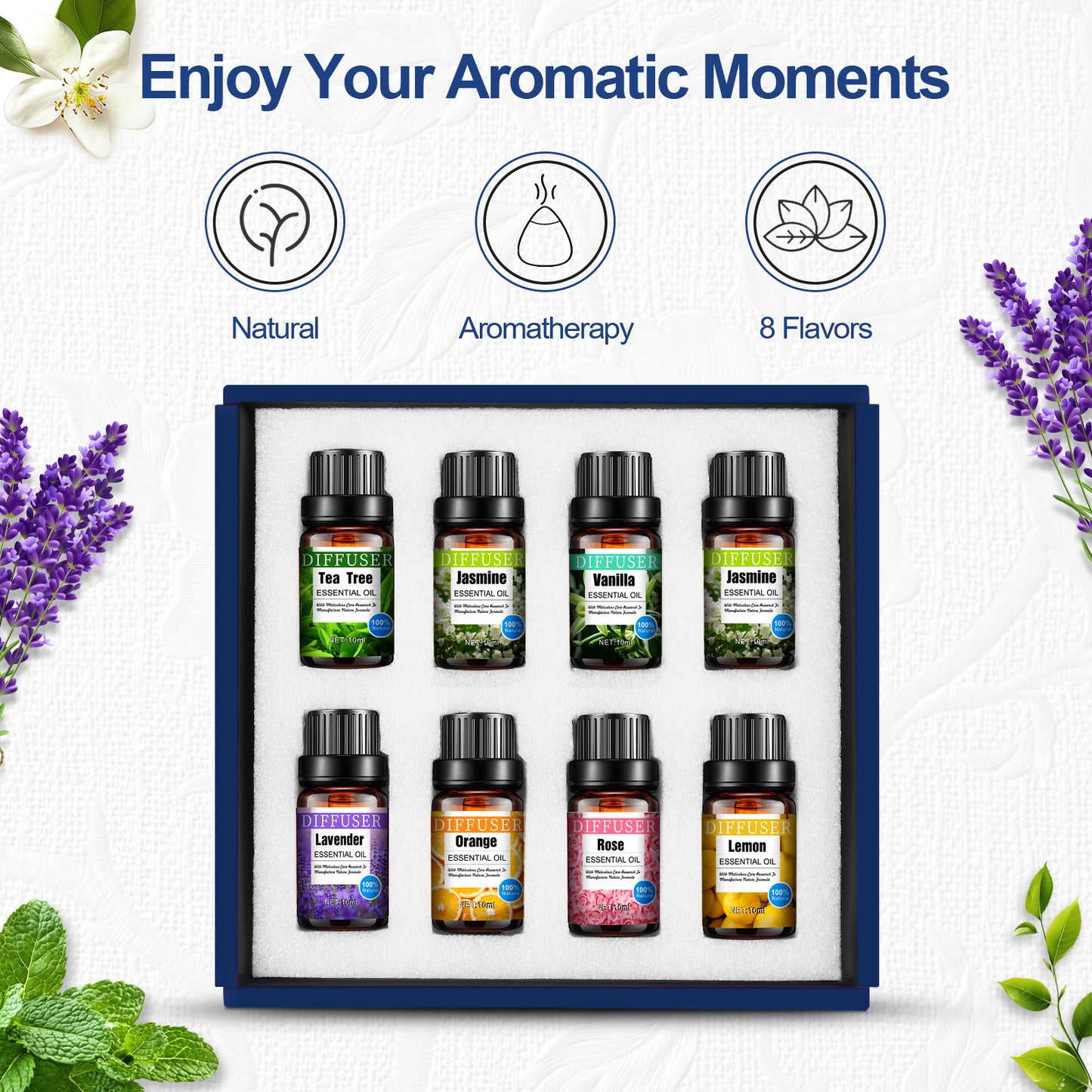 Noahstrong 8x10ml Essential Oil Set, Essential Oils for Diffusers for Home, Aromatherapy Oils Gift Set-Tea Tree, Mint, Jasmine, Vanilla, Lemon, Rose, Orange and Lavender Essential Oils for Women Men