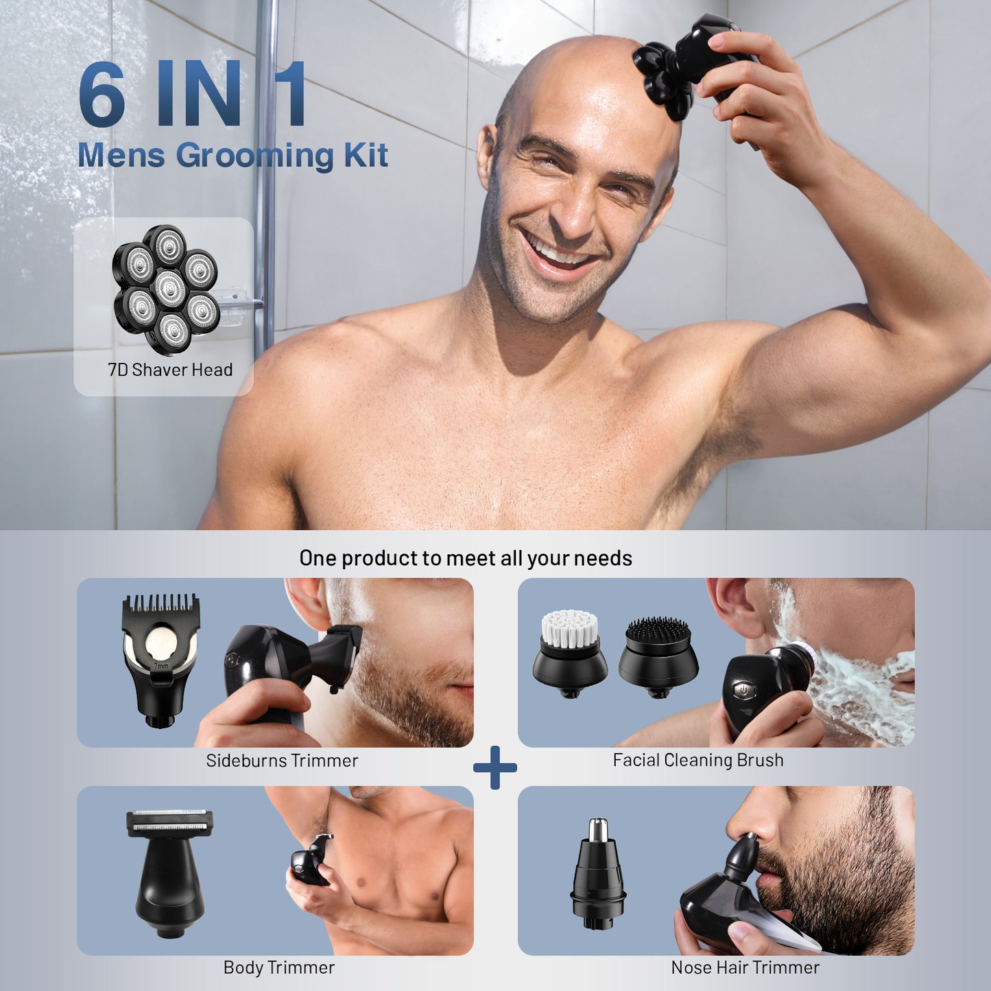 Nogroa 7D Head Shavers for Bald Men, Upgraded 6-in-1 Cordless Mens Head Electric Razor Grooming Kit with Beard Clippers Nose Trimmer, LED Display, Waterproof, Wet/Dry, Rechargeable, with Hanging Loop