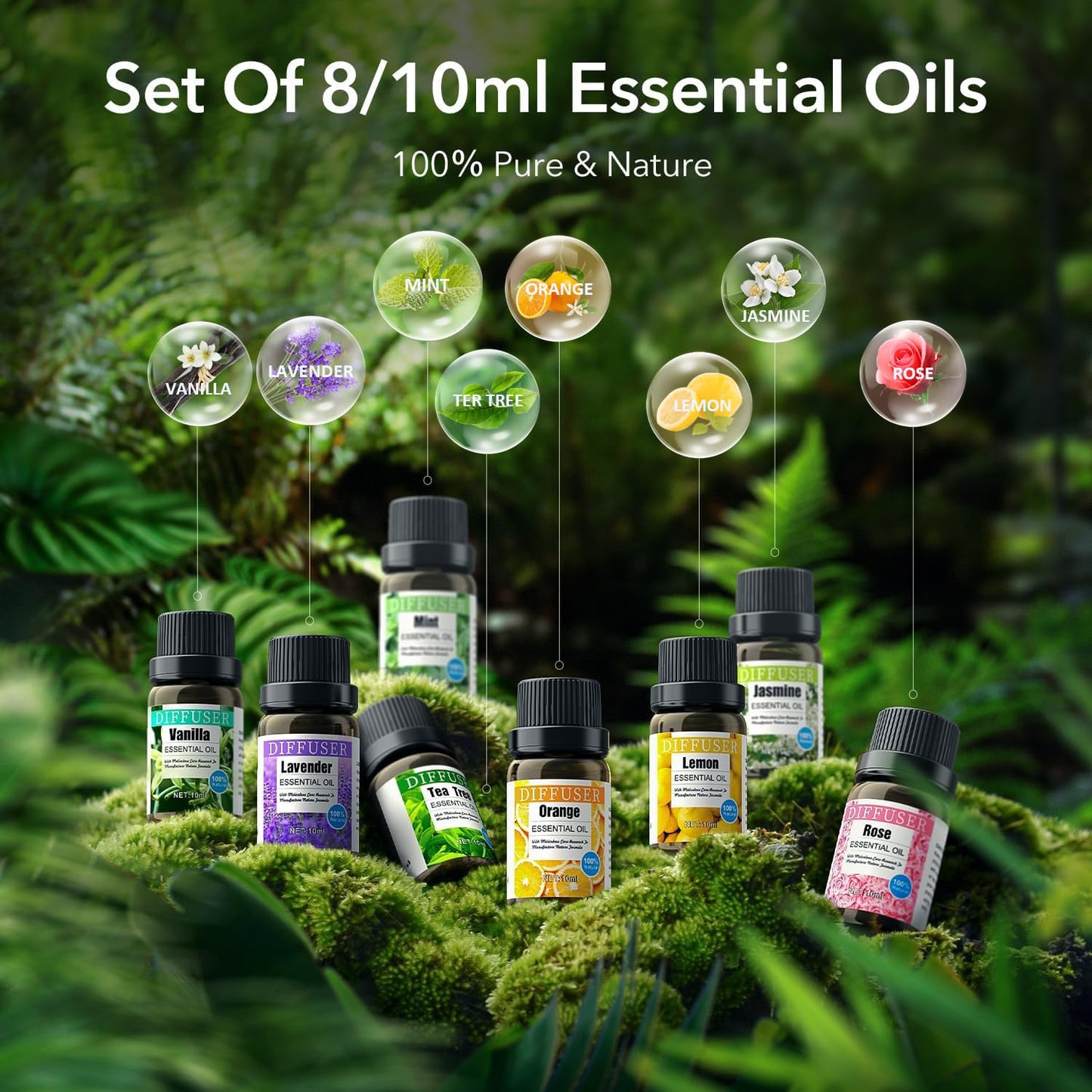 Noahstrong 8x10ml Essential Oil Set, Essential Oils for Diffusers for Home, Aromatherapy Oils Gift Set-Tea Tree, Mint, Jasmine, Vanilla, Lemon, Rose, Orange and Lavender Essential Oils for Women Men