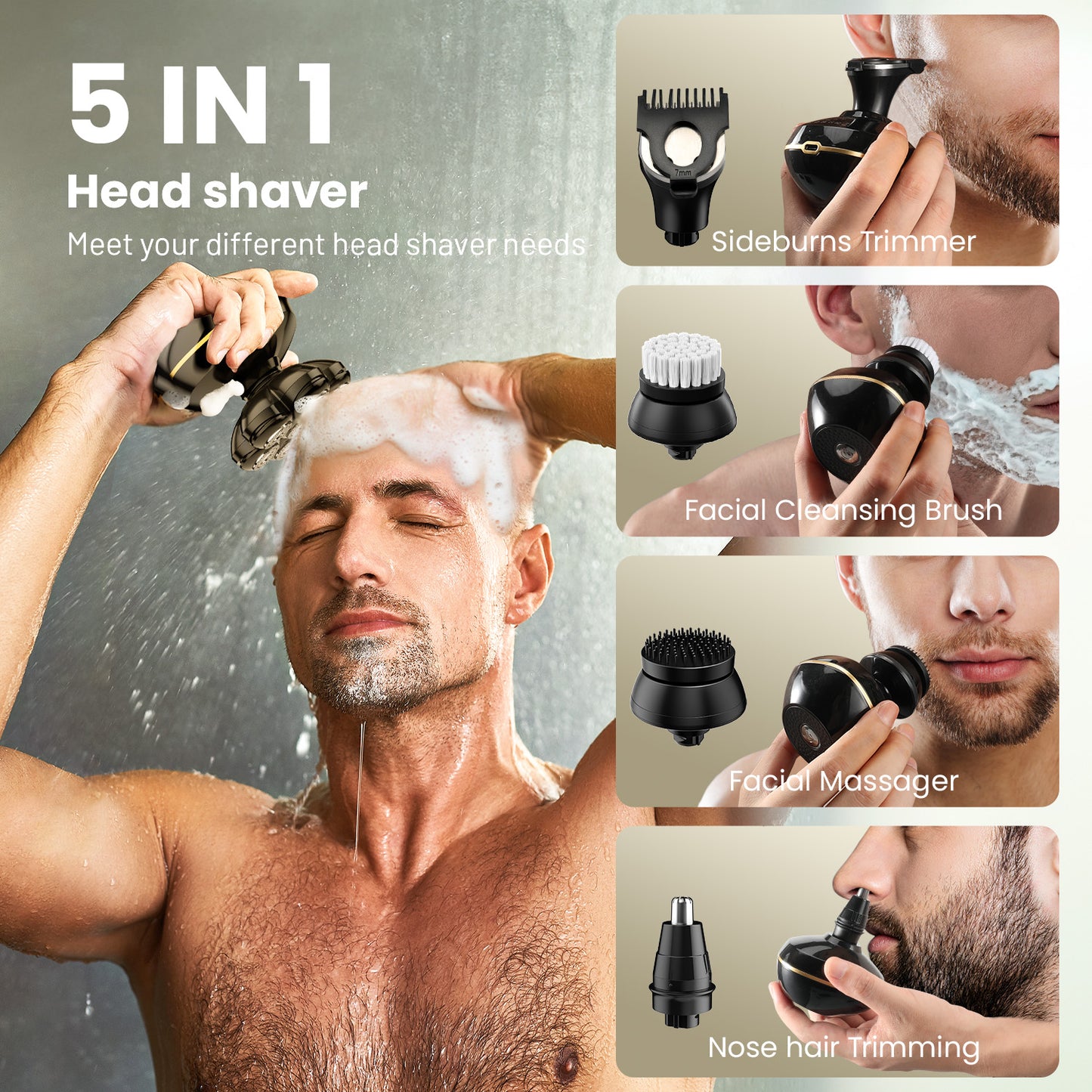 Nogroa 7D Head Shavers for Bald Men, Detachable Electric Shaver for Men, 5-in-1 Electric Razor Grooming Kit with Beard Clippers Nose Trimmer, LED Display, IPX6 Waterproof, Dry/Wet