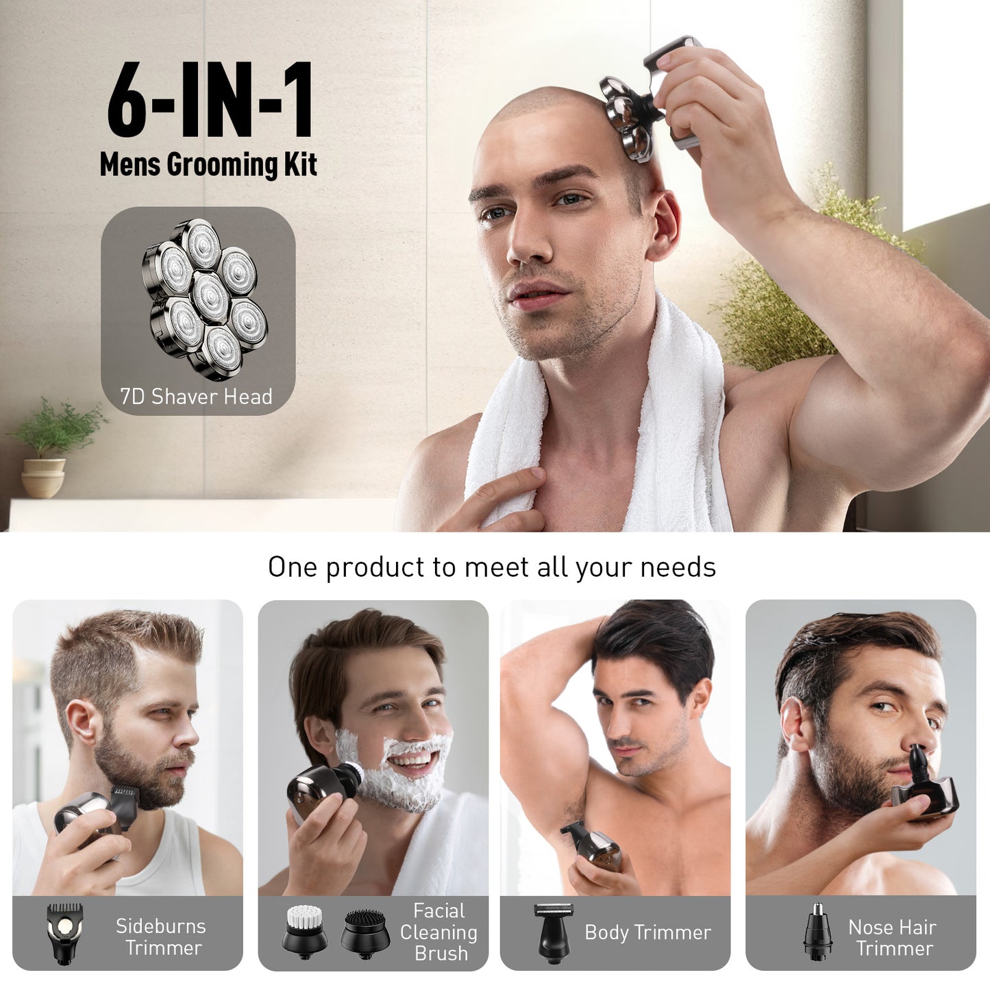 Nogroa Head Shavers for Bald Men, 7D Floating Rotary Electric Shaver, Upgraded 6-in-1 Electric Razor Grooming Kit with Beard Clippers Nose Trimmer, LED Display, IPX6 Waterproof, Wet/Dry