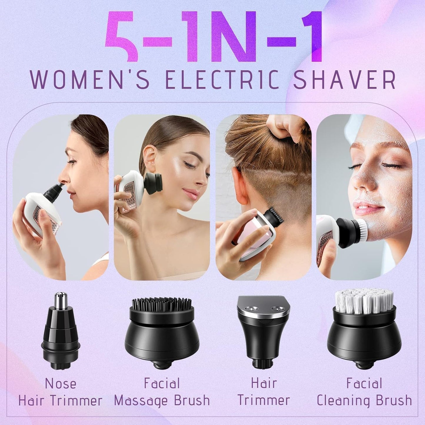 Nogroa Electric Razors for Women, 7D IPX6 Waterproof Cordless Body Electric Shaver, 5 in 1 Bikini Trimmer Hair Removal Epilator for Legs Body Face