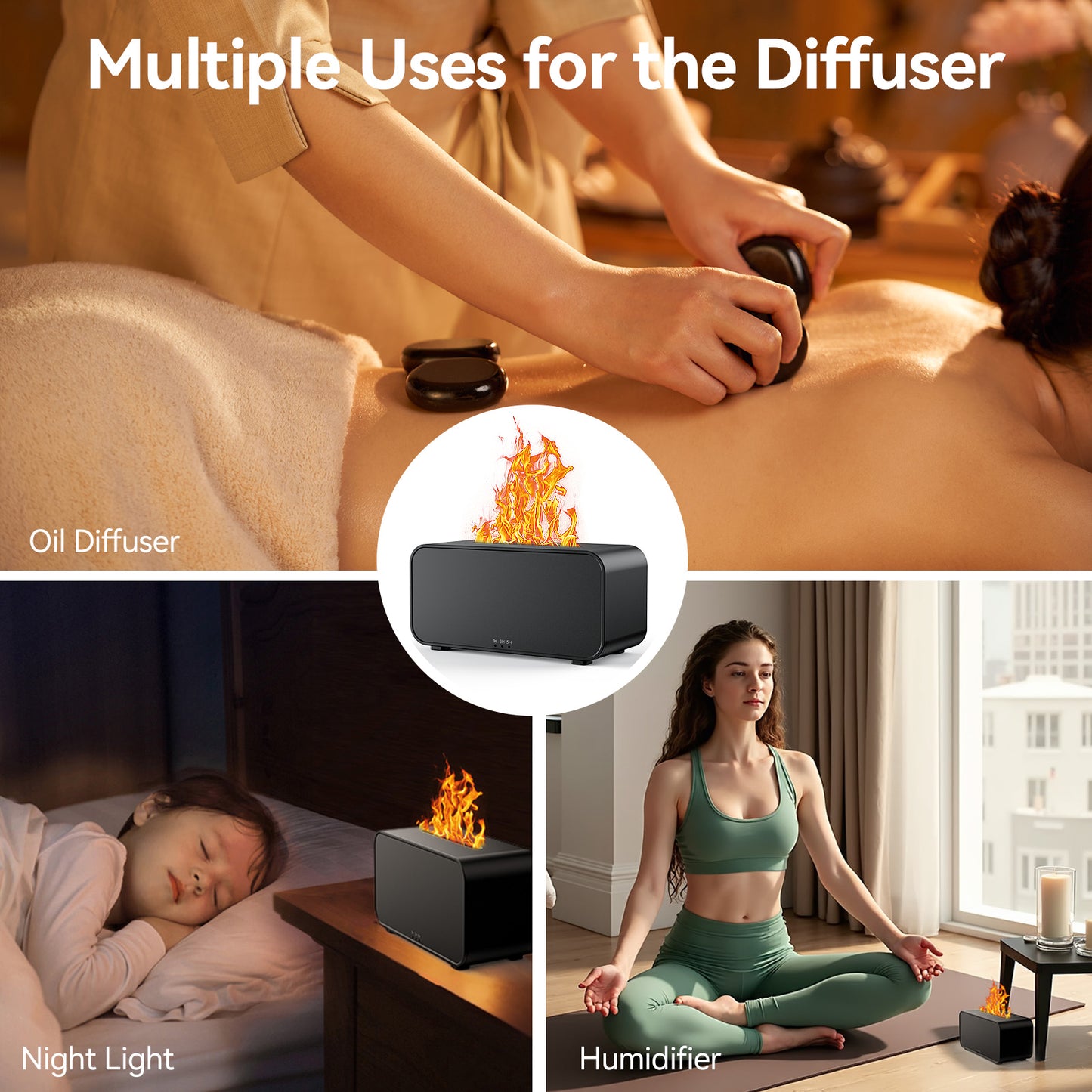 Noahstrong Flame Diffuser, Essential Oil Diffuser 7 Flame Colors Ultrasonic Cool Mist Humidifier with Timer and Non-slip Mats for Home Room