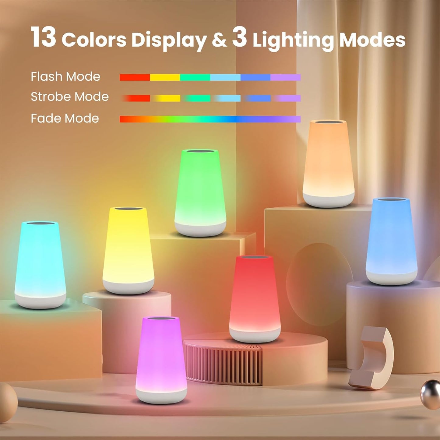 UWANTME Night Light, Dimmable Touch Lamp for Bedroom, Portable Bedside Table Lamps, 5 Brightness and 13 RGB Colors Night Light Suitable for Bedroom/Baby Nursery/Bathroom/Hallways/Living Room