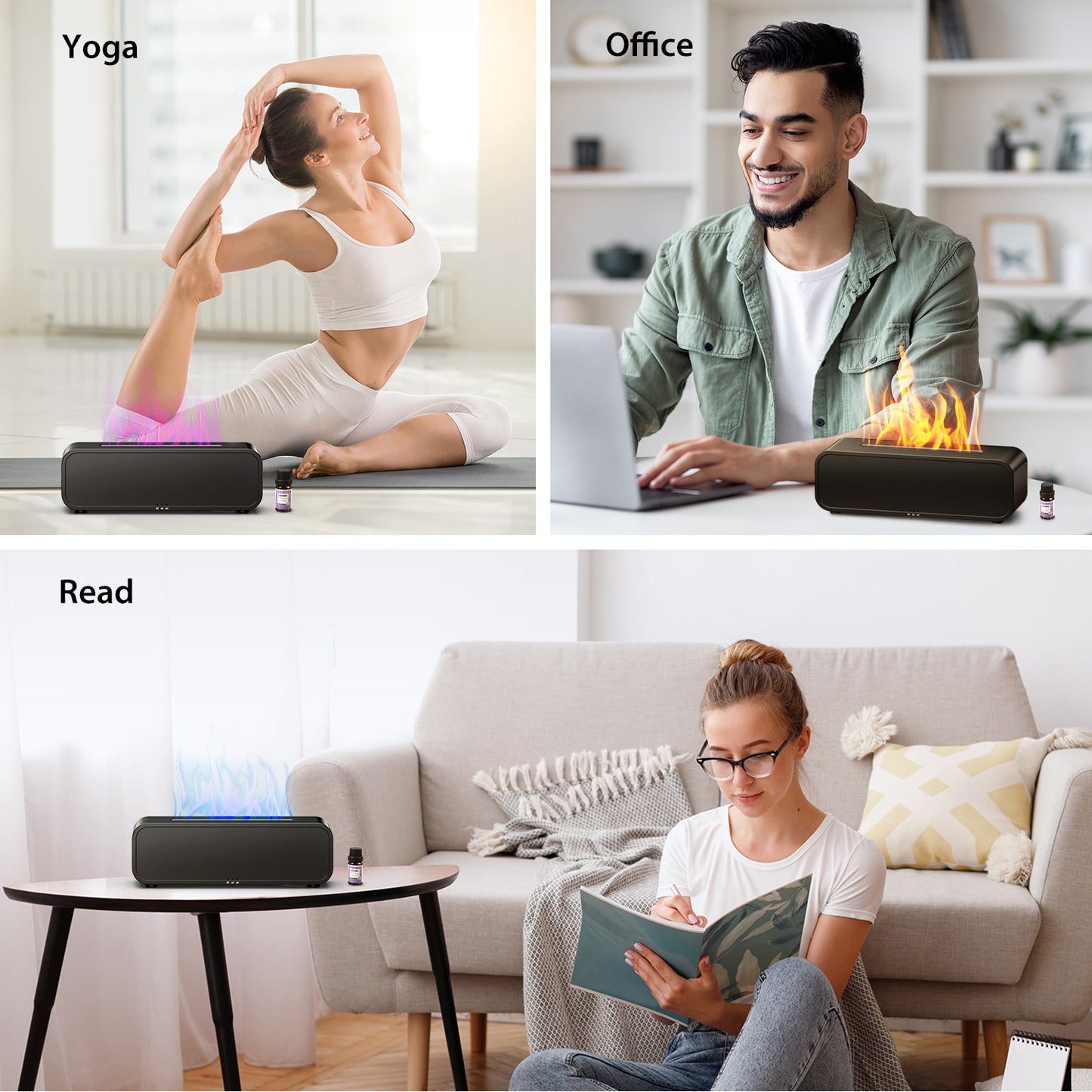 Noahstrong Flame Diffuser Humidifier, 250ml Essential Oil Diffusers for Large Rooms, Dynamic Fire Flame Sound Pickup, Cool Mist Oil Diffuser for Home with 7 Color Lights, Remote Control, Black