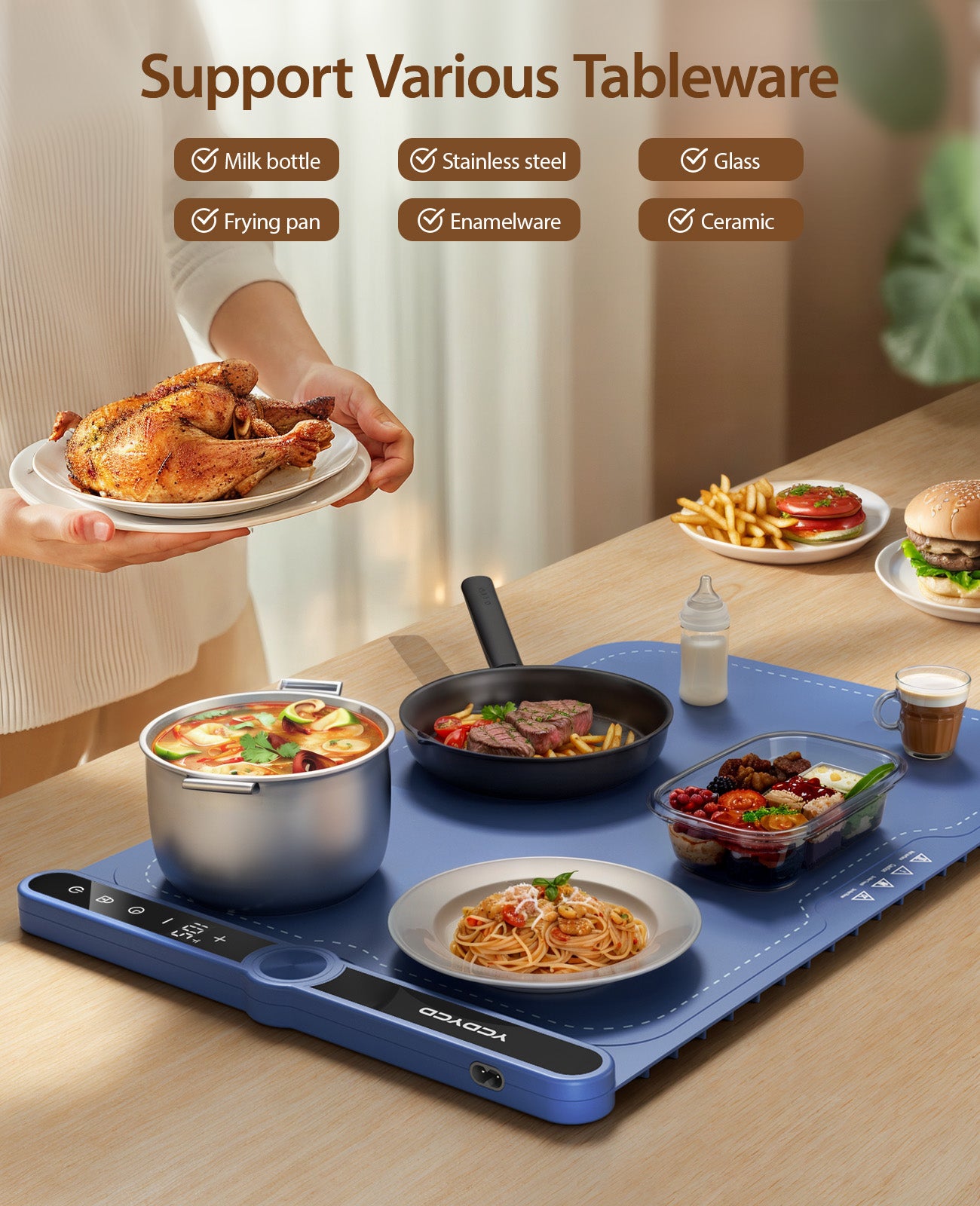 Electric Warming Tray, Nano Silicone Food Warming Mat with 9 Temperature Settings, LED Display, Timer Settings & Child Lock, Portable Foldable Food Warmer Quick Heating Pad for Parties, Gatherings