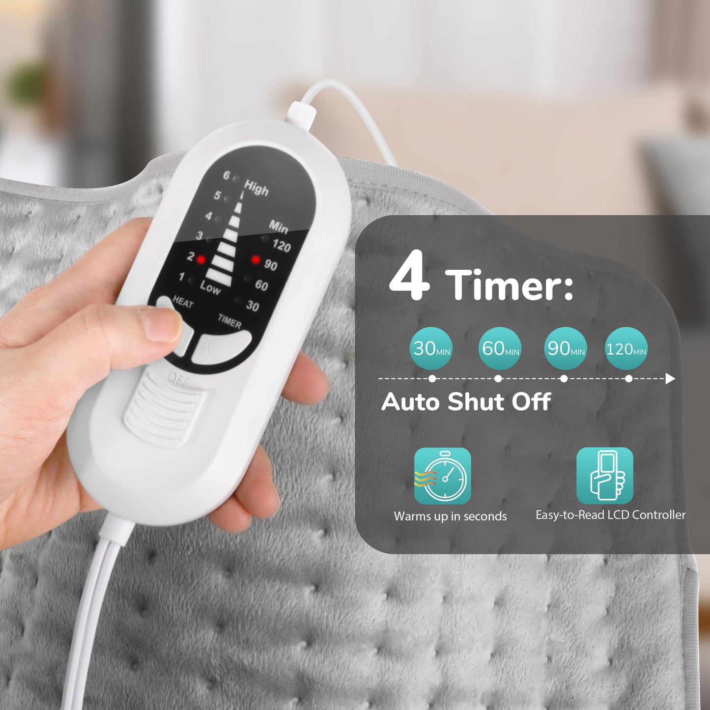 TCVOR Heating Pad, 12" x 24" Electric Heating Pad for Back Pain and Cramp Relief, Super Soft Flannel Fabric, 6 Heat Settings, 4 Timer Auto Shut Off, Machine Washable