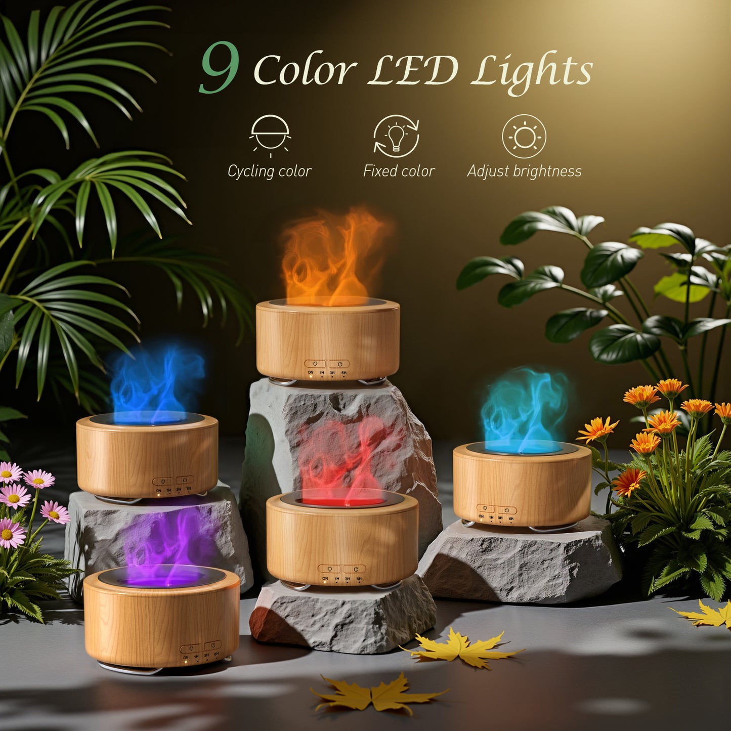 Noahstrong 500ml Essential Oil Diffuser, 9 Colors Flame Oil Diffuser with Timer Setting & Low Noise Cool Mist Humidifier for Large Home Bedroom