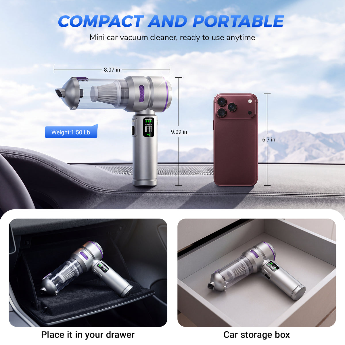 Jionchery Car Vacuum Cleaner, 17,000Pa Powerful Suction Cordless Handheld Vacuum Cleaner with Brushless Motor, 7-in-1 Mini Air Duster with LED Light, Rechargeable for Car, Home, and Pet Hair