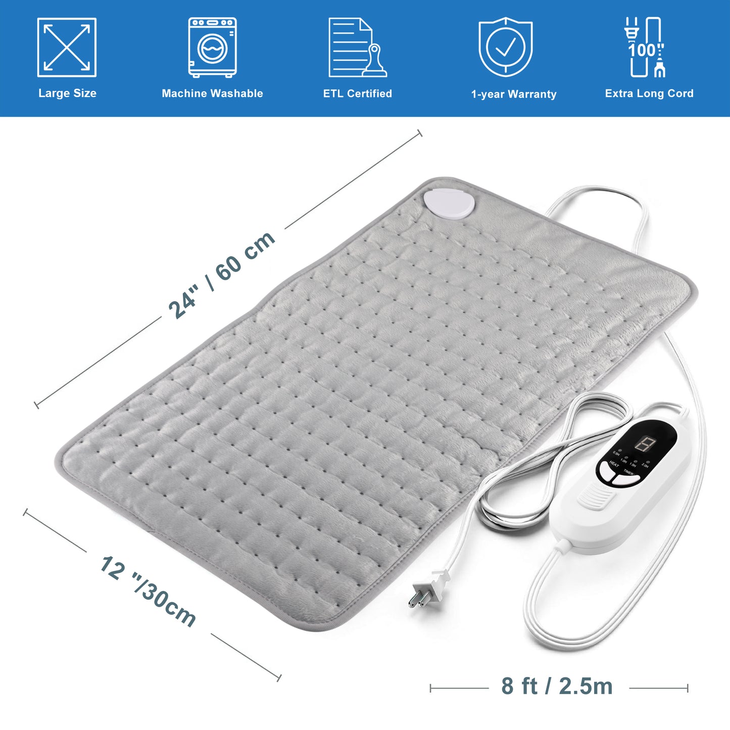 TCVOR Flannel Heating Pad for Back Pain Relief, 12" x 24" Electric Heating Pad, Fast-heating for Muscle Pain and Cramps Relief, 6 Heat Settings, 4 Timer Auto Shut Off, Machine Washable