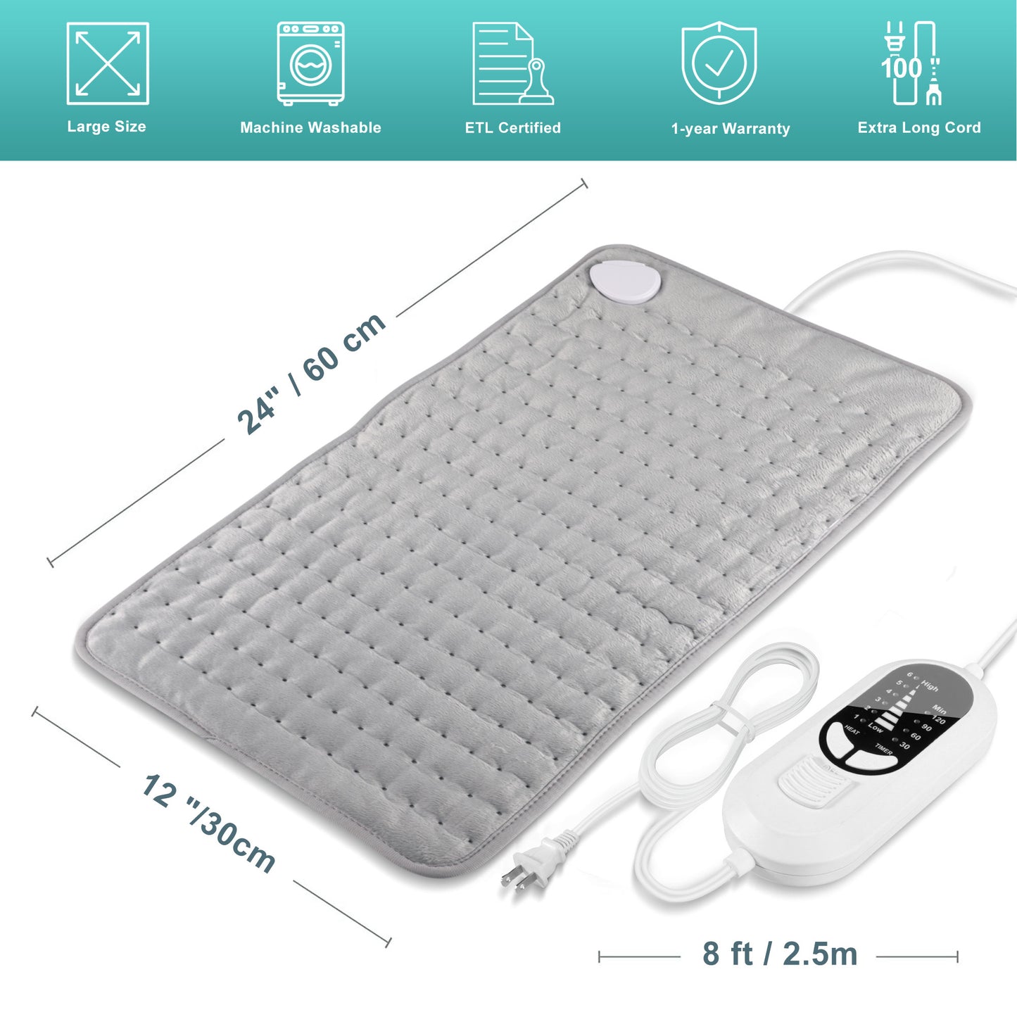 TCVOR Heating Pad, 12" x 24" Electric Heating Pad for Back Pain and Cramp Relief, Super Soft Flannel Fabric, 6 Heat Settings, 4 Timer Auto Shut Off, Machine Washable