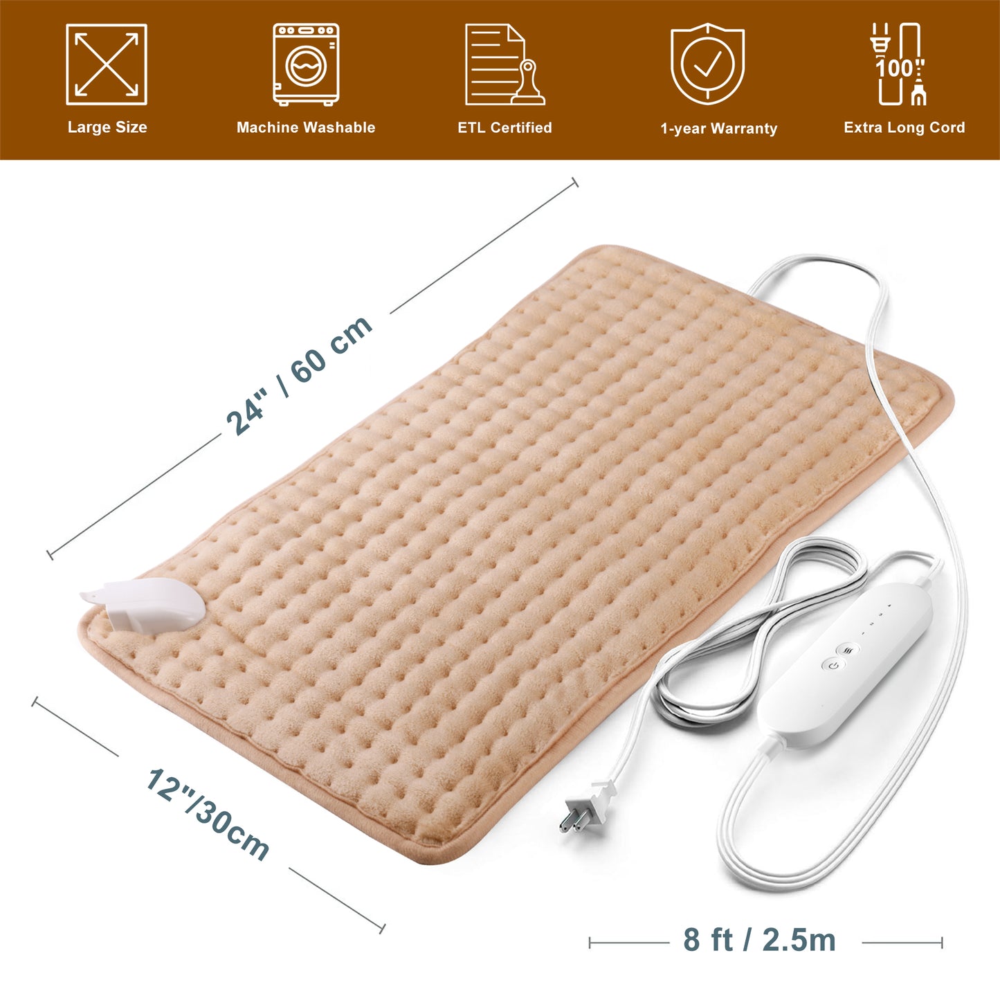 TCVOR Heating Pad for Back, Neck, Shoulders, Abdomen, Legs, Joint Pain Relief, 12" x 24'' Electric Heating Pad with 4 Heat Settings, Timer Auto Shut Off, Machine Washable, Gifts for Women, Men