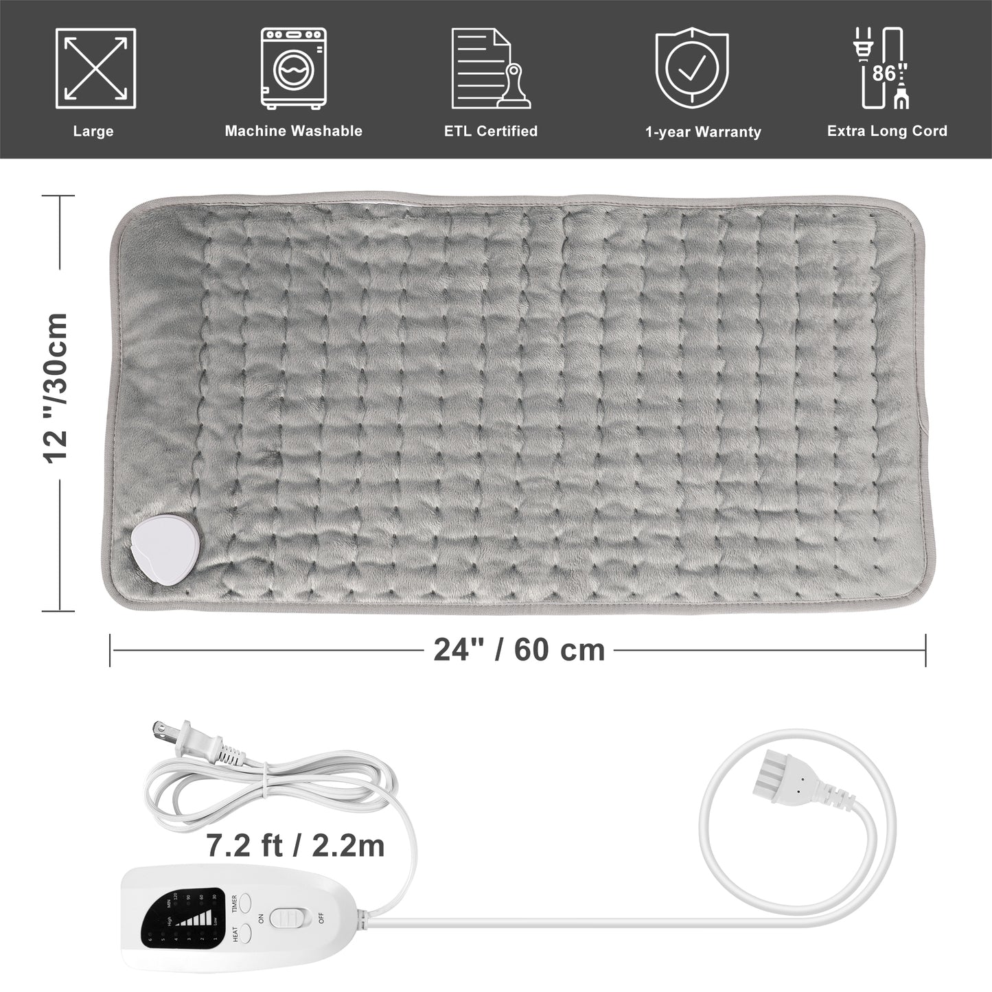 TCVOR Large Heating Pad for Back, Neck Pain and Period Cramp Relief, 12" x 24" Super Soft Flannel Electric Heating Pad with 6 Heat Settings, 4 Timer Auto Shut Off, Machine Washable