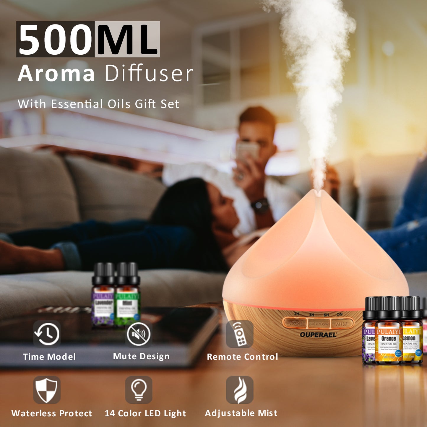 Noahstrong 500ml Essential Oil Diffuser with 6*10ml Essential Oils Set, Flower Aromatherapy Diffusers with Remote Control, Aroma Fragrant Oil Air Humidifier Vaporizer for Large Room Bedroom Office