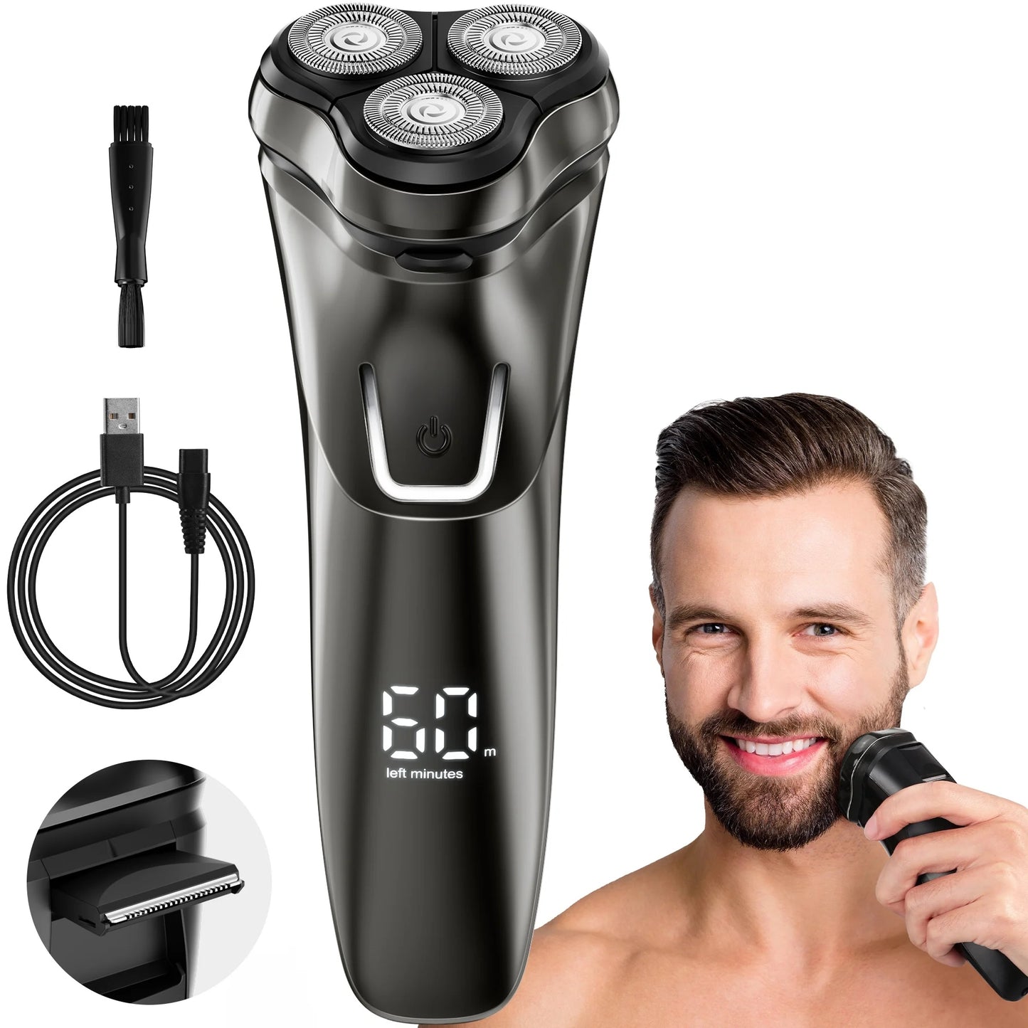 Nogroa Electric Razor for Men, 3D Rotary Electric Shaver with Pop-up Beard Trimmer, Rechargeable LED Display Waterproof Dry/Wet Cordless Portable Razor Ideal Gift for Him Husband Dad