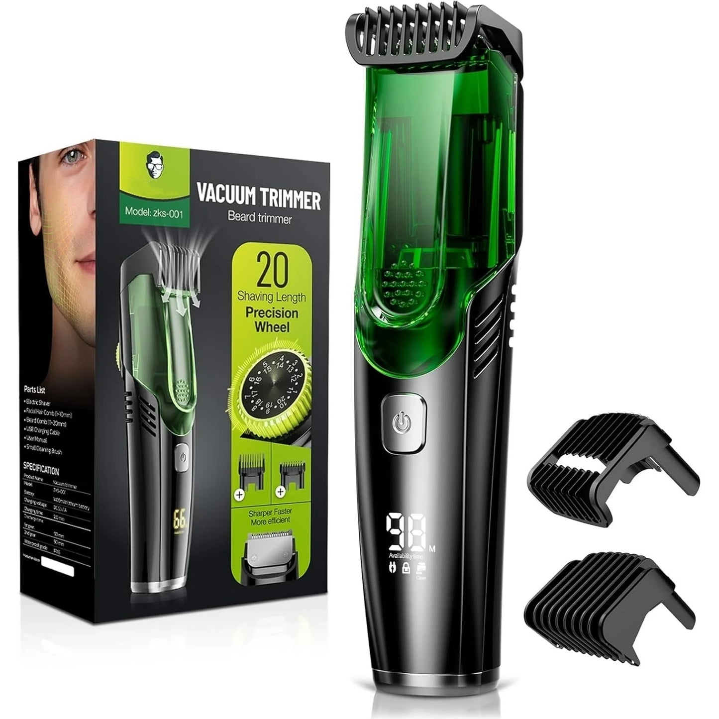 Nogroa Vacuum Beard Trimmer for Men, Cordless Electric Shaver with 20 Trim Setting, Built-in Vacuum Cleaner for Mustache, Sideburns, Facial Hair, Rechargeable, IPX6 Waterproof, with 2 Comb