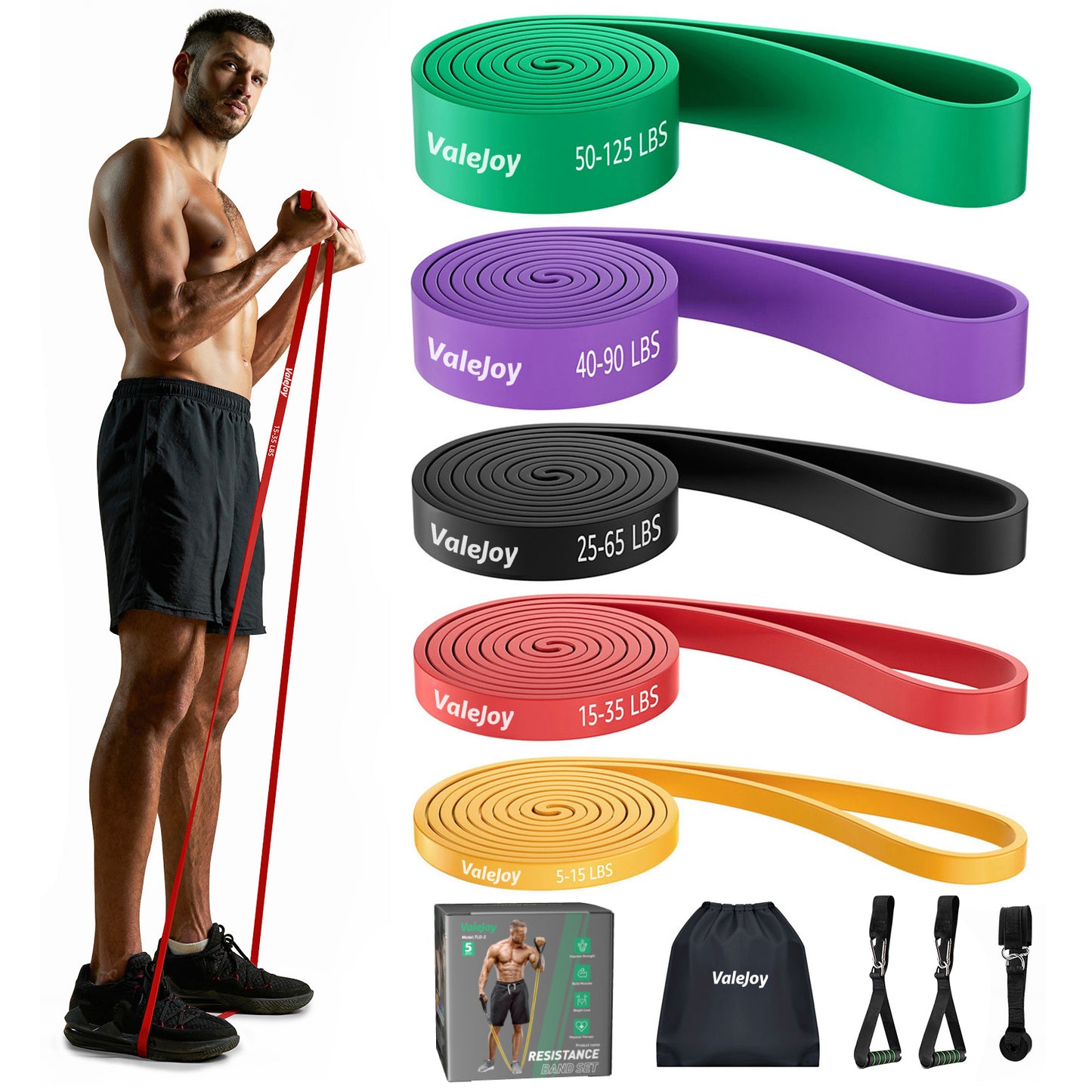 TCVOR Resistance Bands Set (5pcs), Exercise Bands with 5 Resistance Levels-up to 330 lbs, Include Cushioned Handles, Ankle Strap & Carry Bag, Exercise Workout Bands for Training Home Workouts