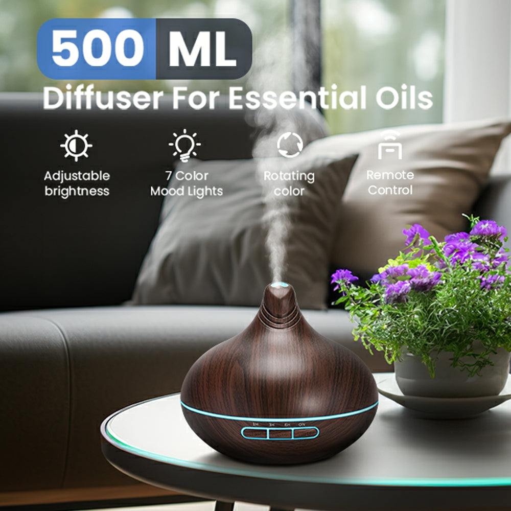 Noahstrong 500ml Essential Oil Diffuser with 8*10ml Nature Essential Oils Set, Woodgrain Aromatherapy Fragrant Oil Air Humidifier with Remote Control for Large Room Bedroom Office Car SPA Yoga