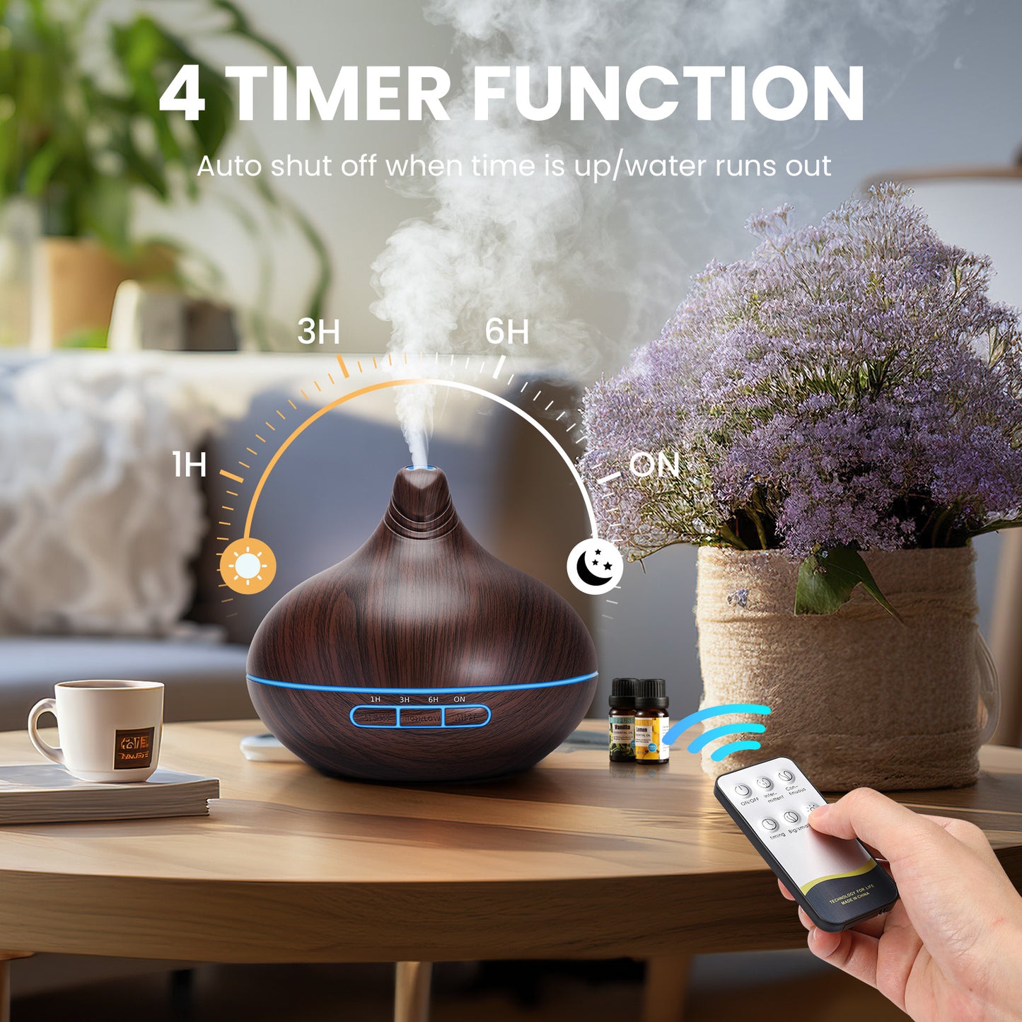 Noahstrong 500ml Essential Oil Diffuser with 8*10ml Nature Essential Oils Set, Woodgrain Aromatherapy Fragrant Oil Air Humidifier with Remote Control for Large Room Bedroom Office Car SPA Yoga