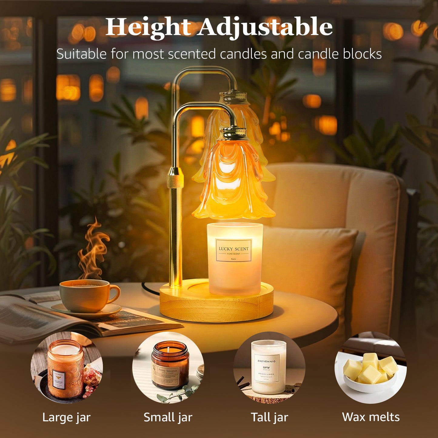 Noahstrong Candle Warmer Lamp for Jar Candles, Adjustable Height Glass Flower Shape with Timer & Dimmable, Home Decor Gift with 2 Bulbs