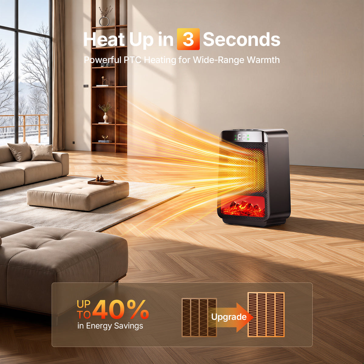 Jionchery Space Heaters for Inside, Fast Heating with 70° Wide-Angle, Fireplace Heater with 3D Flame Ambient Light & 4-Setting Timer, Safe Quiet Electric Heater for Room Office