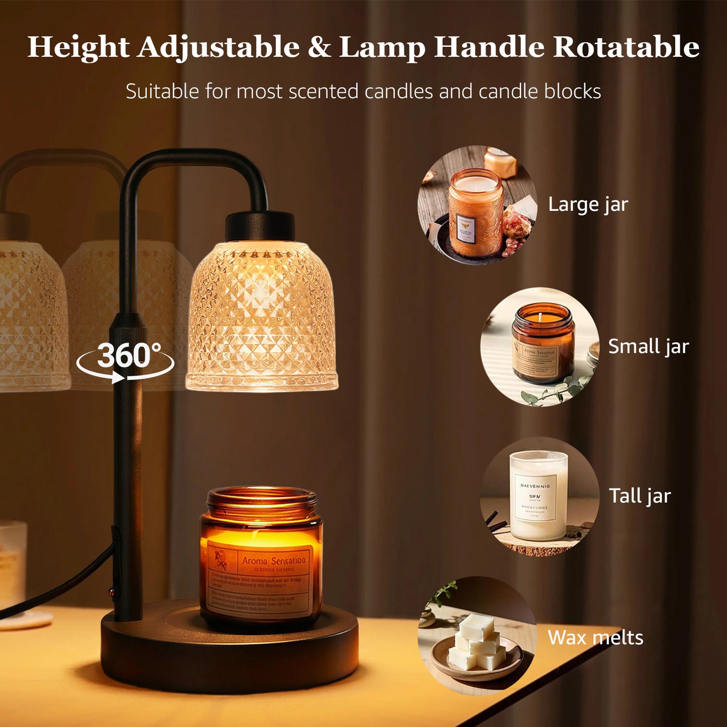 Noahstrong Candle Warmer Lamp with Timer, Dimmable Wax Warmer Lamp for Jar Candles, Electric Candle Lamp Warmer with 2 Bulbs, Height Adjustable Candle Lamps for Women New Home Decor