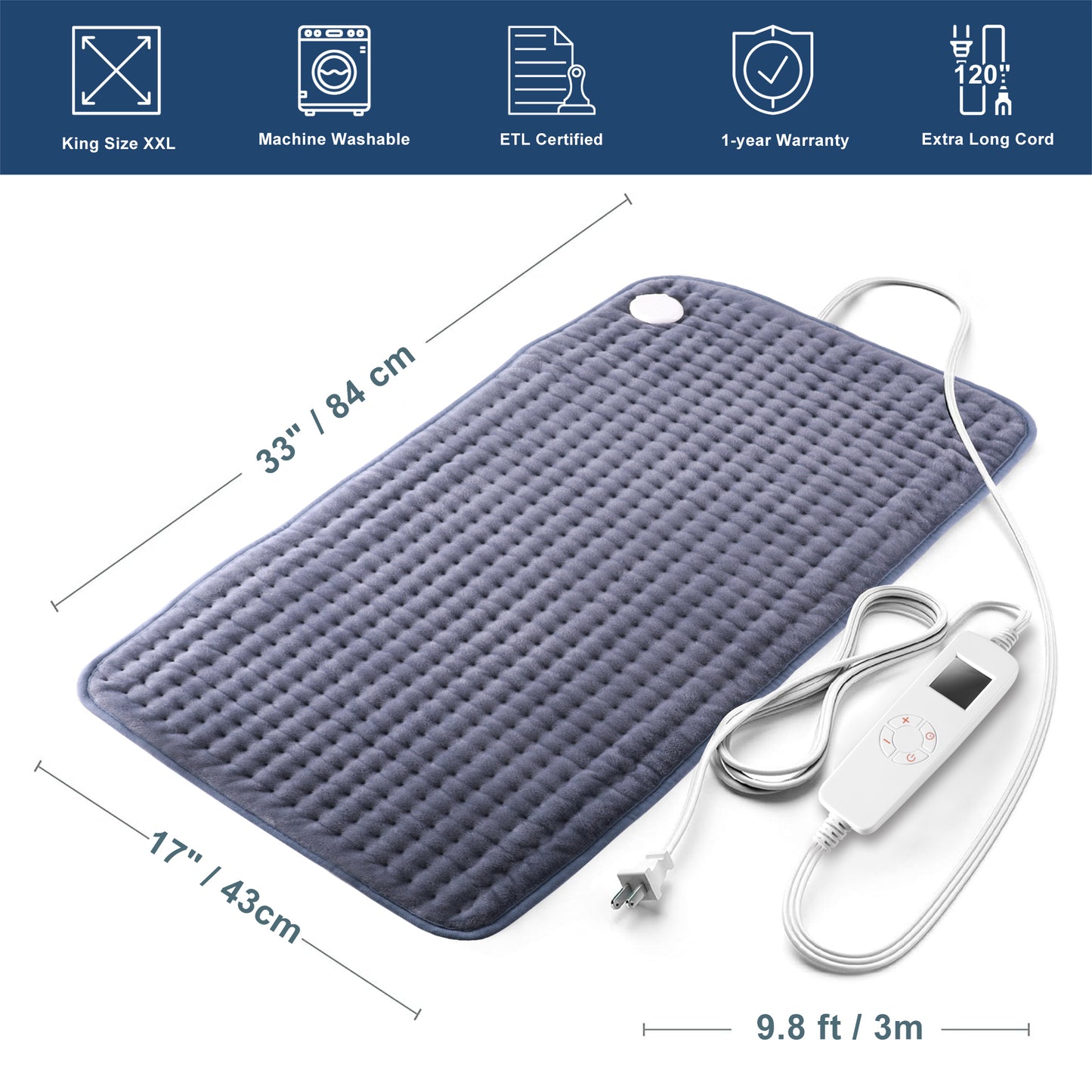 TCVOR Flannel Heating Pad for Back, Neck Pain and Period Cramp Relief, King Size 17x33 Inches Electric Heating Pad with 6 Heat Settings, 6 Timer Auto Shut Off, Machine Washable