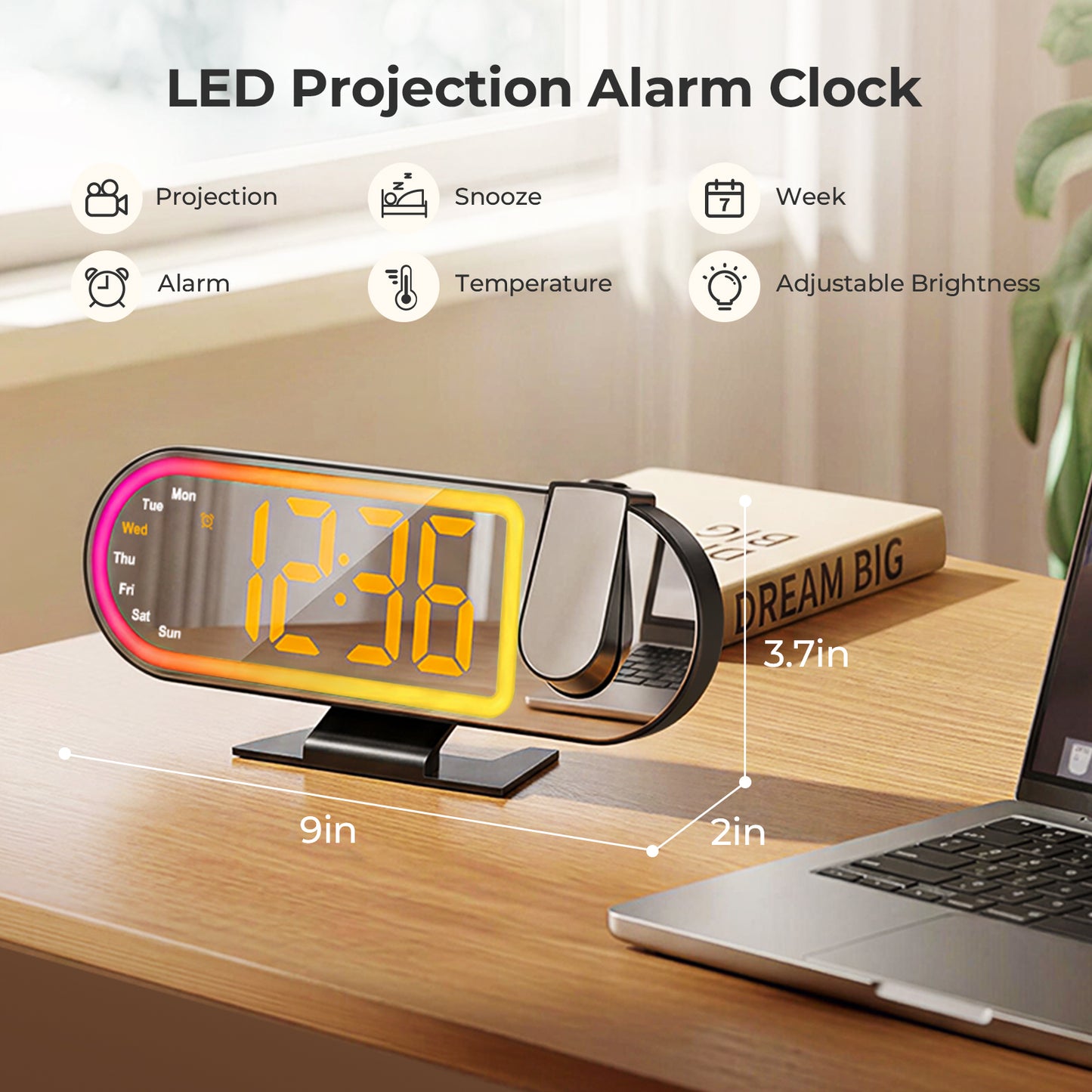 Jionchery Projection Alarm Clock for Heavy Sleepers, Extra-Loud Bedside Digital Clock with Large Display, RGB Night Light with Snooze & Adjustable Brightness, Customizable Alarm for Kids Adults
