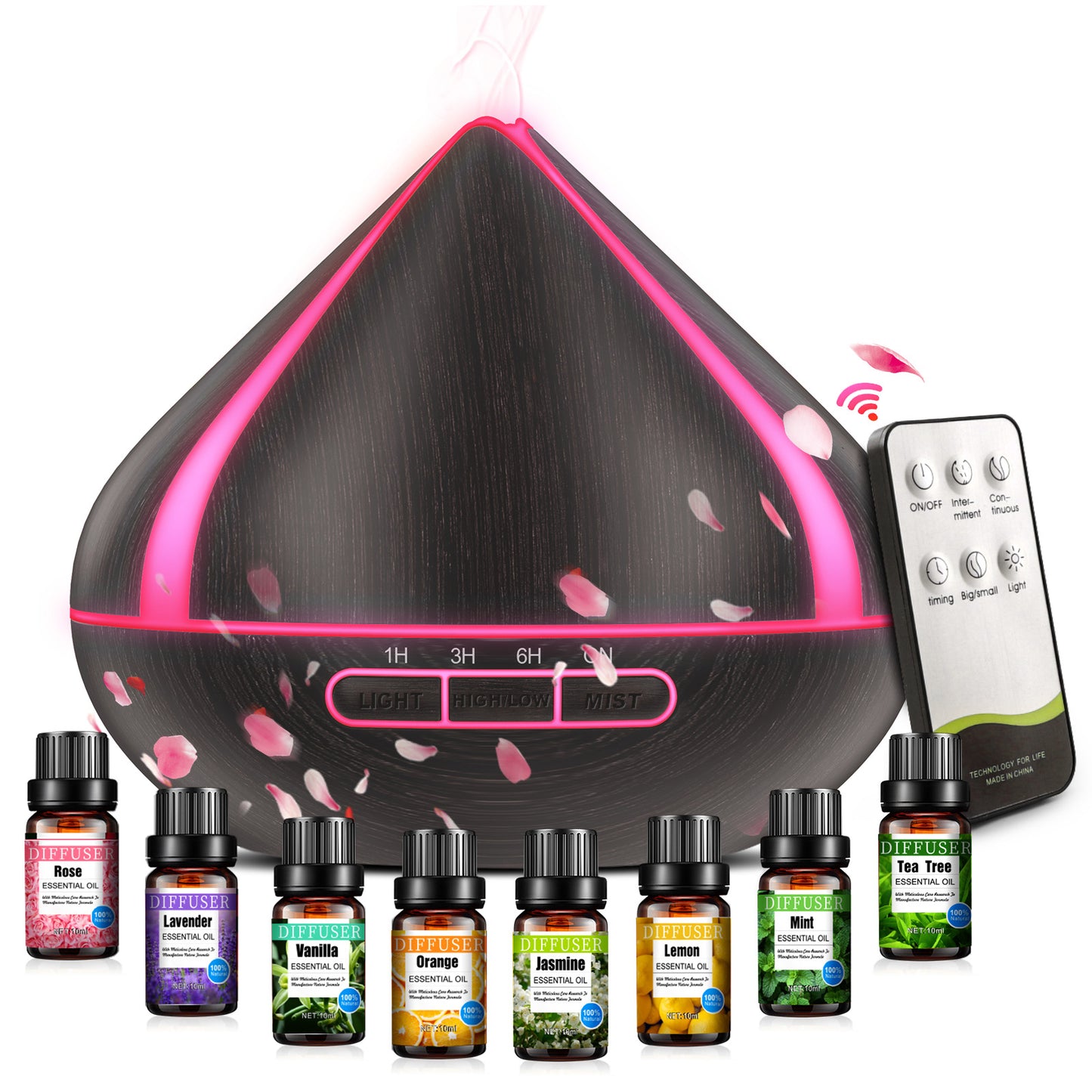 Noahstrong 500ml Essential Oil Diffusers with 8 Essential Oils Set, Petals Shape Aromatherapy Diffusers with Remote Control, Aroma Fragrant Oil Air Humidifier Vaporizer for Large Room Bedroom Office