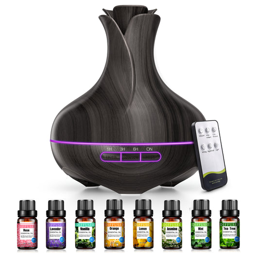 Noahstrong 600ml Essential Oil Diffusers with 8 Essential Oils Set, Vase Shape Aromatherapy Diffusers with Remote Control, Aroma Fragrant Oil Air Humidifier Vaporizer for Large Room Bedroom Office