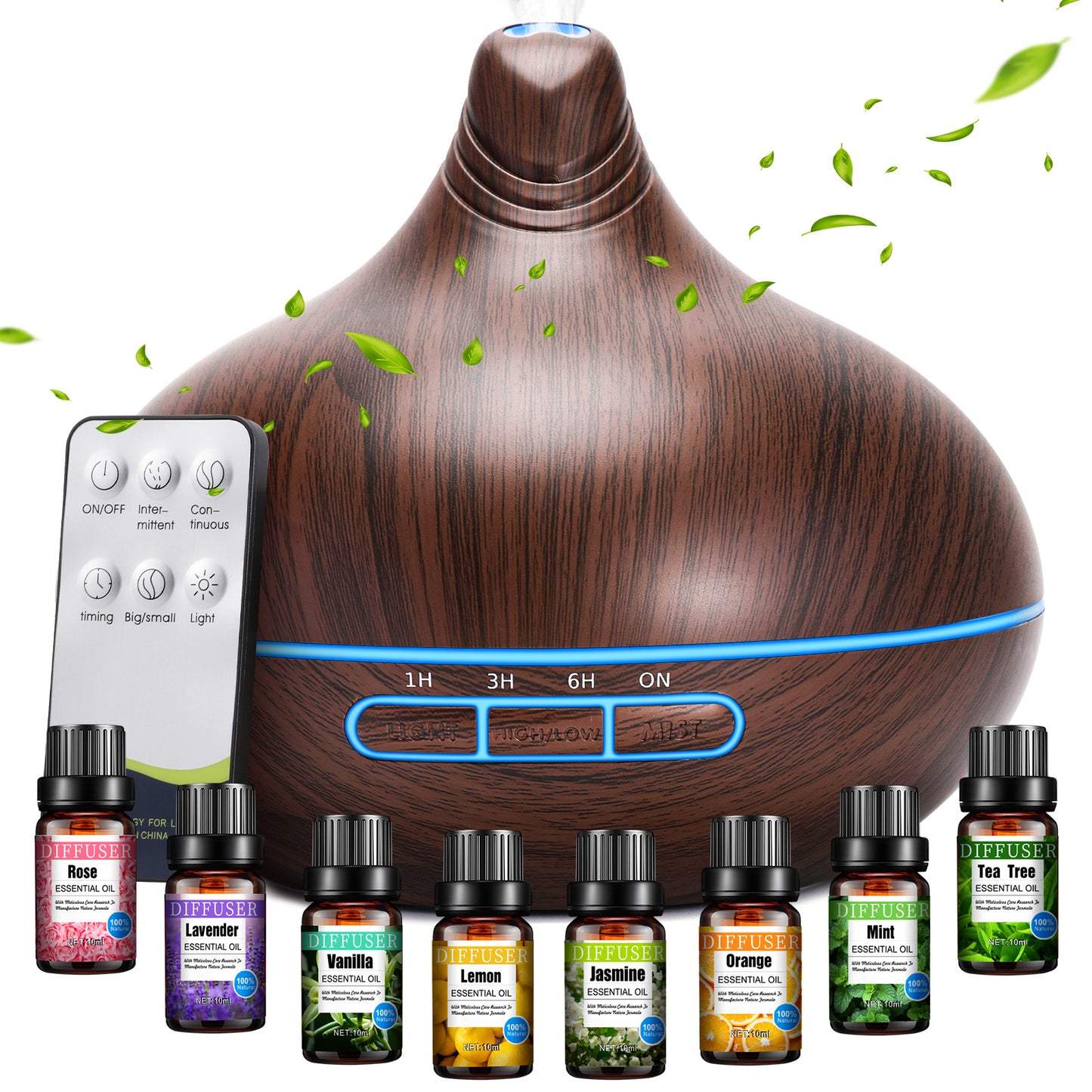 Noahstrong 500ml Essential Oil Diffuser with 8*10ml Nature Essential Oils Set, Woodgrain Aromatherapy Fragrant Oil Air Humidifier with Remote Control for Large Room Bedroom Office Car SPA Yoga