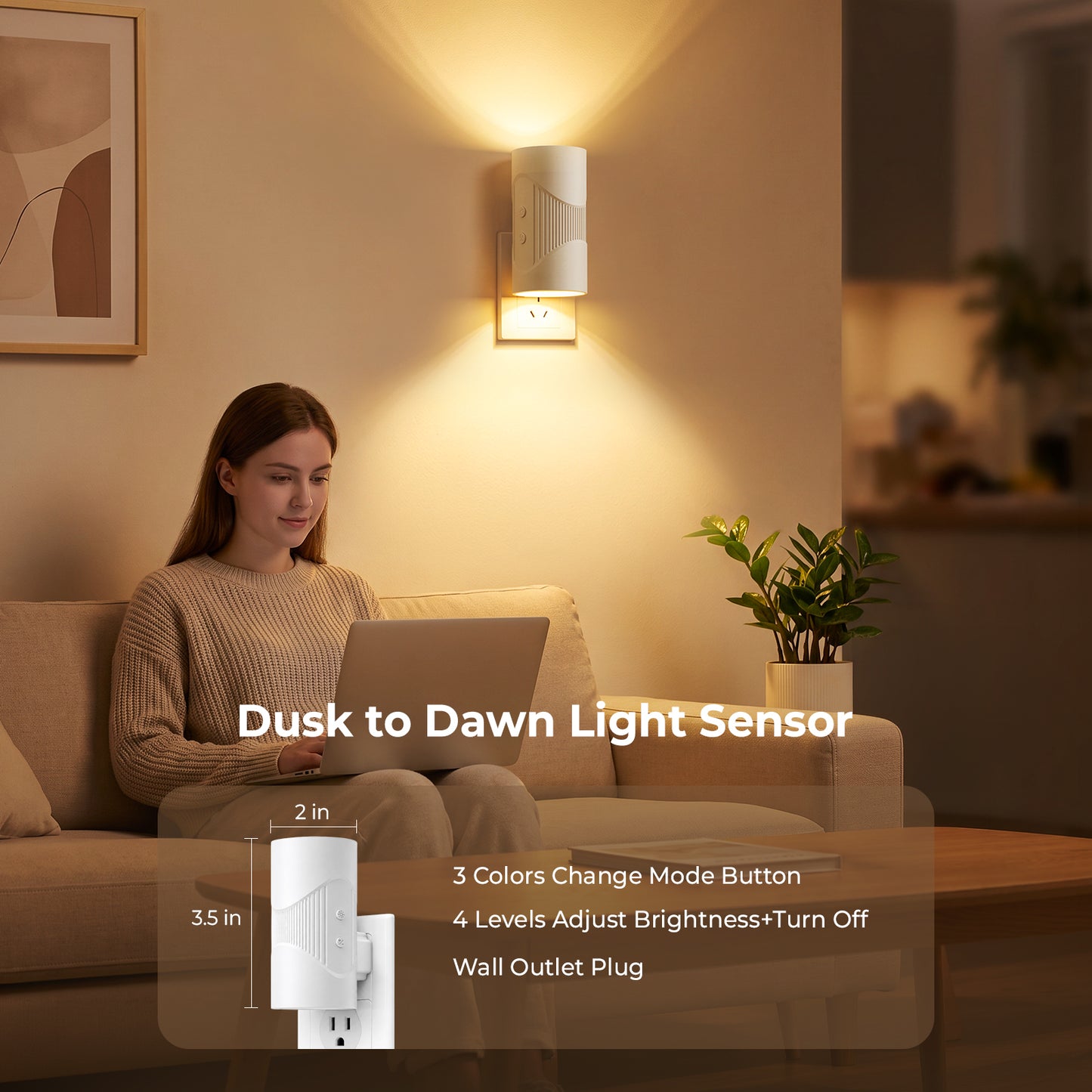 2-Pack LED Night Lights Plug into Wall, 0-100LM Dimmable Wall Nightlight with Auto Dusk-to-Dawn Sensor and Energy-Saving, 3-Color Temperature Plug in Lights for Bedroom, Hallway, Bathroom, Stairs