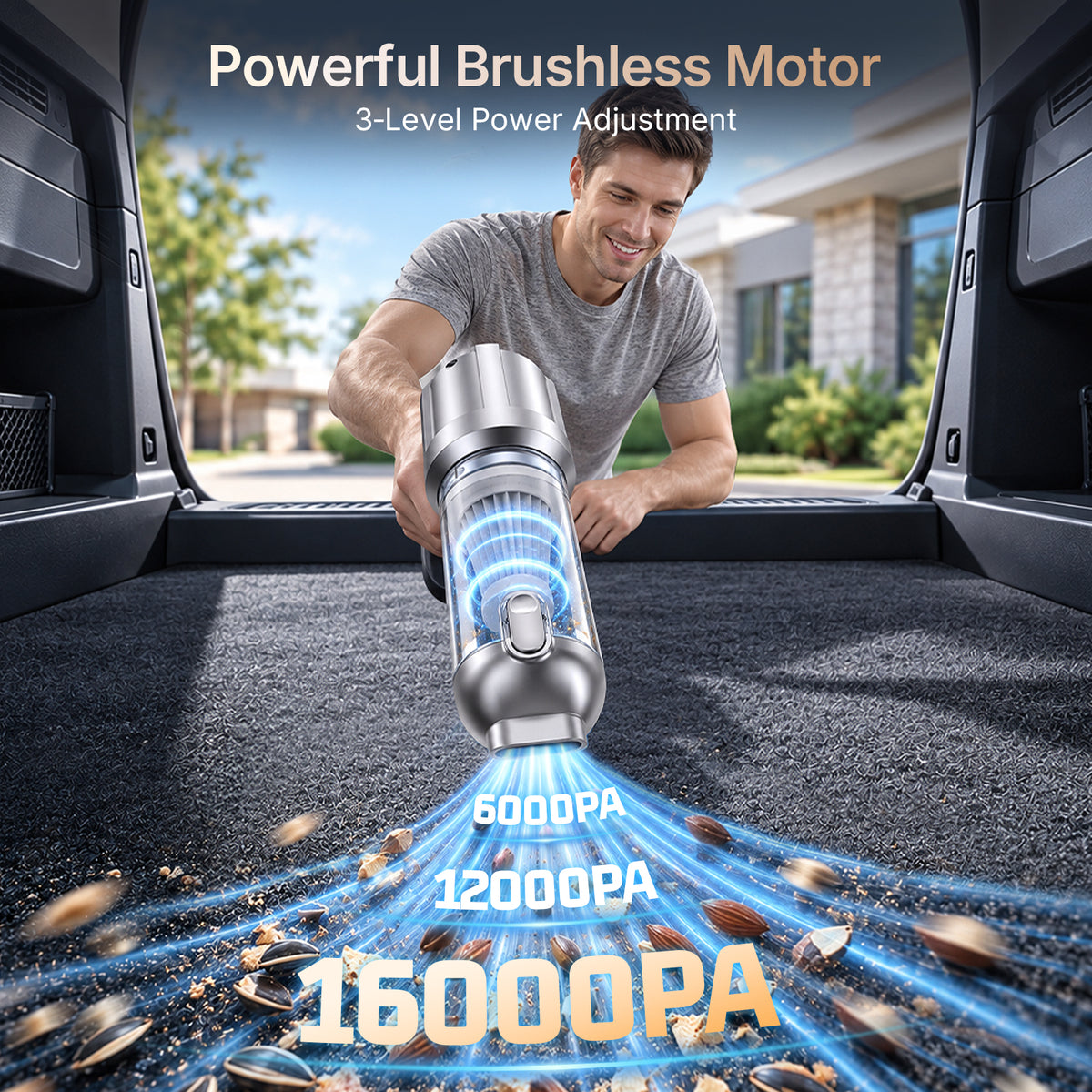 Jionchery Car Vacuum Cleaner, 16000Pa Handheld Vacuum Cleaner with 6000mAh Battery & Multi-Nozzles, Cordless Foldable Car Vacuum for Home Office Tavel