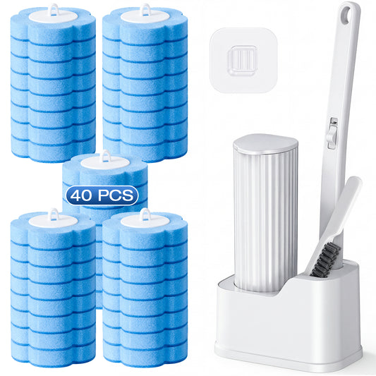 Skdwakiz Disposable Toilet Brush and Holder Set, Toilet Bowl Cleaner Wands with 40 Cleaner Refills & 1 Crevice Brush, White