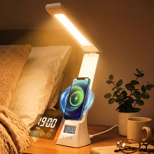 Jionchery LED Dimmable Desk Lamp with Digital Alarm Clock, 3 Color Modes Foldable Table Lamp with 15W Wireless Charger & USB Port, Portable Adjustable Angle Table Light for Reading Office Study Home