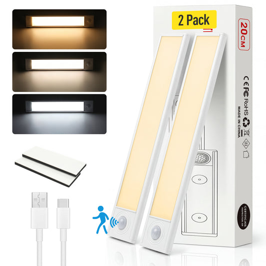 Jionchery Under Cabinet Lighting, 2-Pack Rechargeable Closet Lights with Motion Sensor, 3-Level Dimmable & Magnetic, Wireless Under Counter Lights for Kitchen, Stairs, Hallway