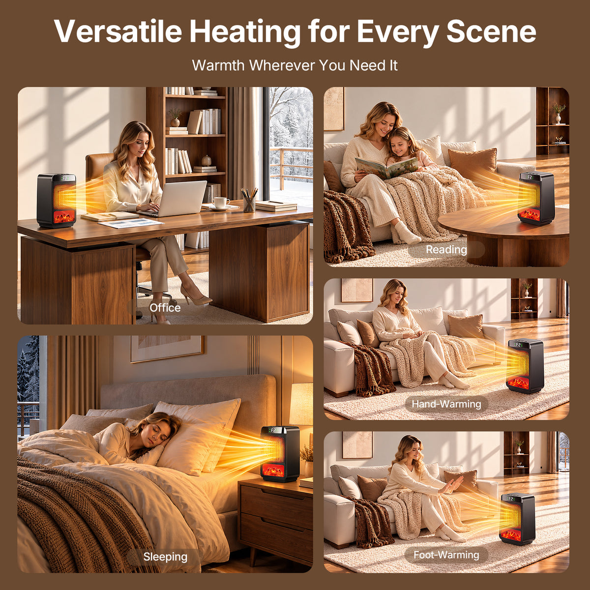 Jionchery Space Heaters for Inside, Fast Heating with 70° Wide-Angle, Fireplace Heater with 3D Flame Ambient Light & 4-Setting Timer, Safe Quiet Electric Heater for Room Office