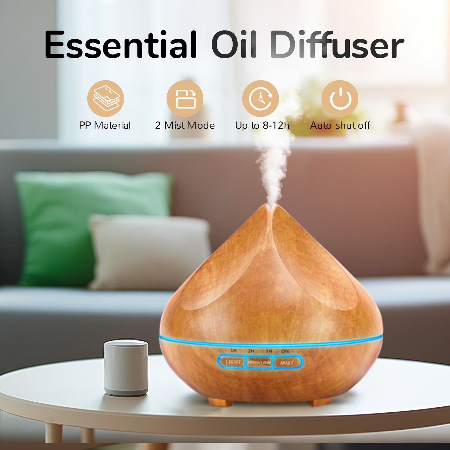 Noahstrong 500ml Upgraded Woodgrain Aromatherapy Essential Oil Diffuser Aroma Humidifier with 14 Colors Lights, 2 Mist Mode, 4 Timer for Large Room Bedroom Office Car SPA Yoga