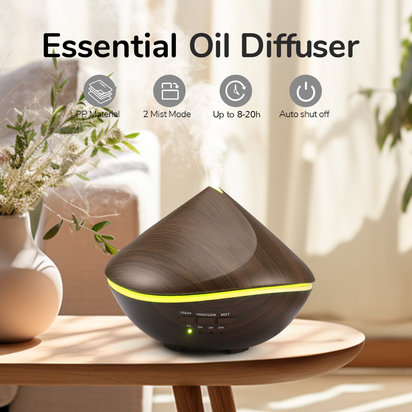 Noahstrong Essential Oil Diffuser, 500ml Upgraded Aromatherapy Diffuser, Wood Grain Aroma Humidifier with 14 Colors Lights, 2 Mist Mode, 4 Timer, Waterless Auto Shut-Off for Large Room Bedroom Office