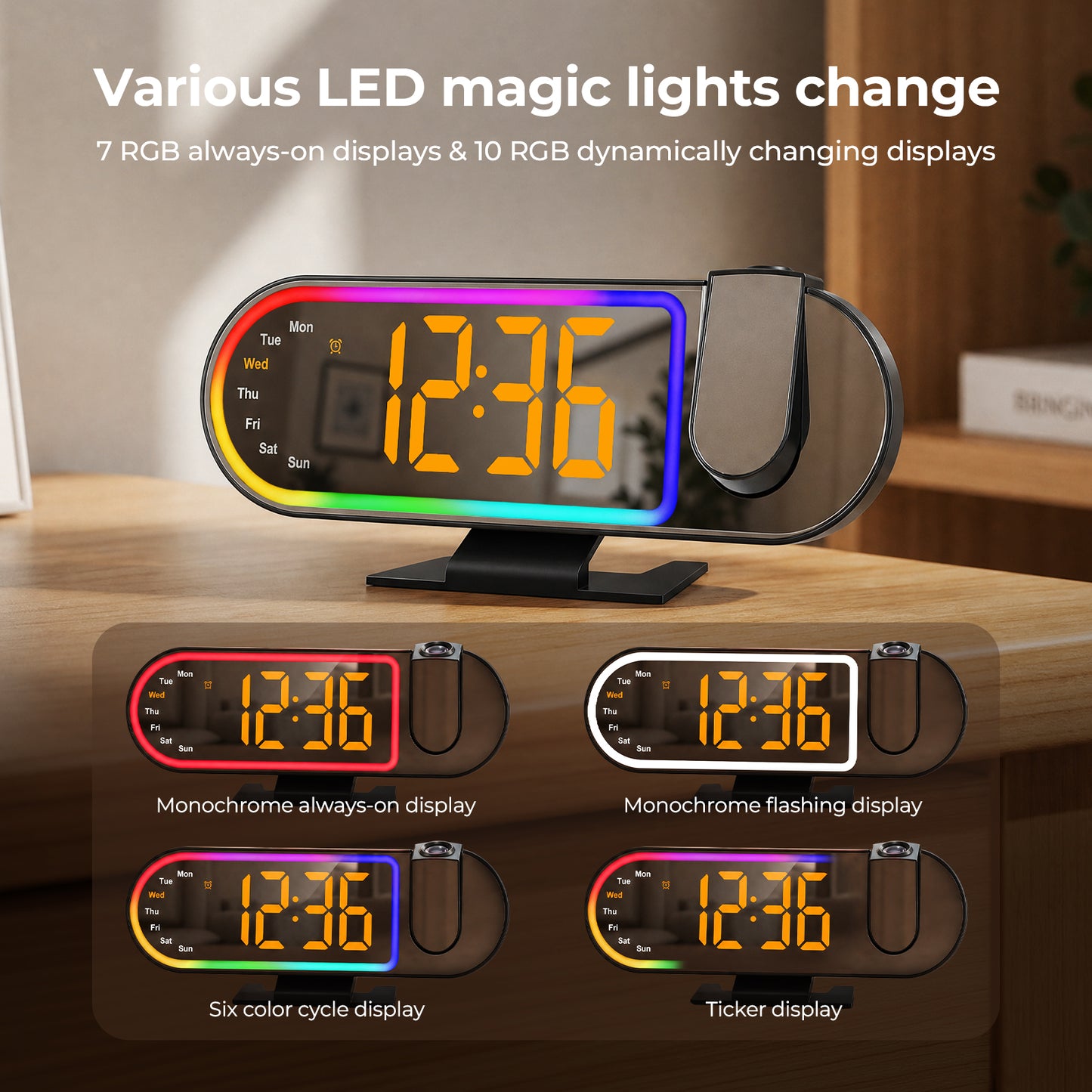 Jionchery Projection Alarm Clock for Heavy Sleepers, Extra-Loud Bedside Digital Clock with Large Display, RGB Night Light with Snooze & Adjustable Brightness, Customizable Alarm for Kids Adults