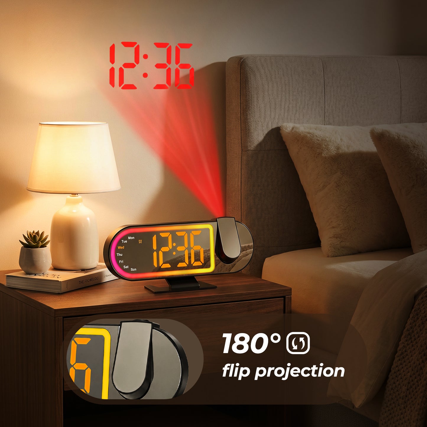 Jionchery Projection Alarm Clock for Heavy Sleepers, Extra-Loud Bedside Digital Clock with Large Display, RGB Night Light with Snooze & Adjustable Brightness, Customizable Alarm for Kids Adults